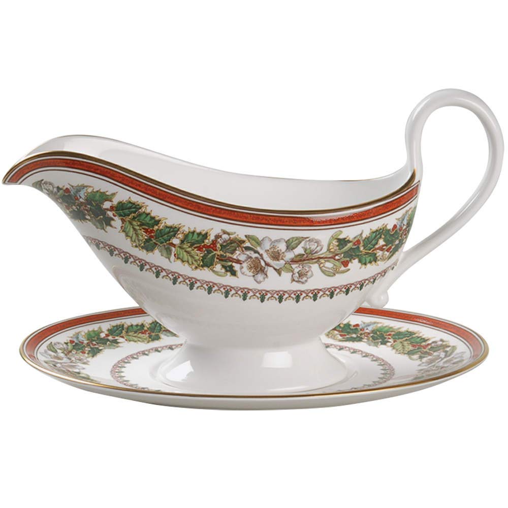 Spode Christmas Rose Sauce Boat and Stand - Elegant Gravy Boat with Matching Stand for Holiday Dinner Parties, Christmas Table Decor, and Special Occasions