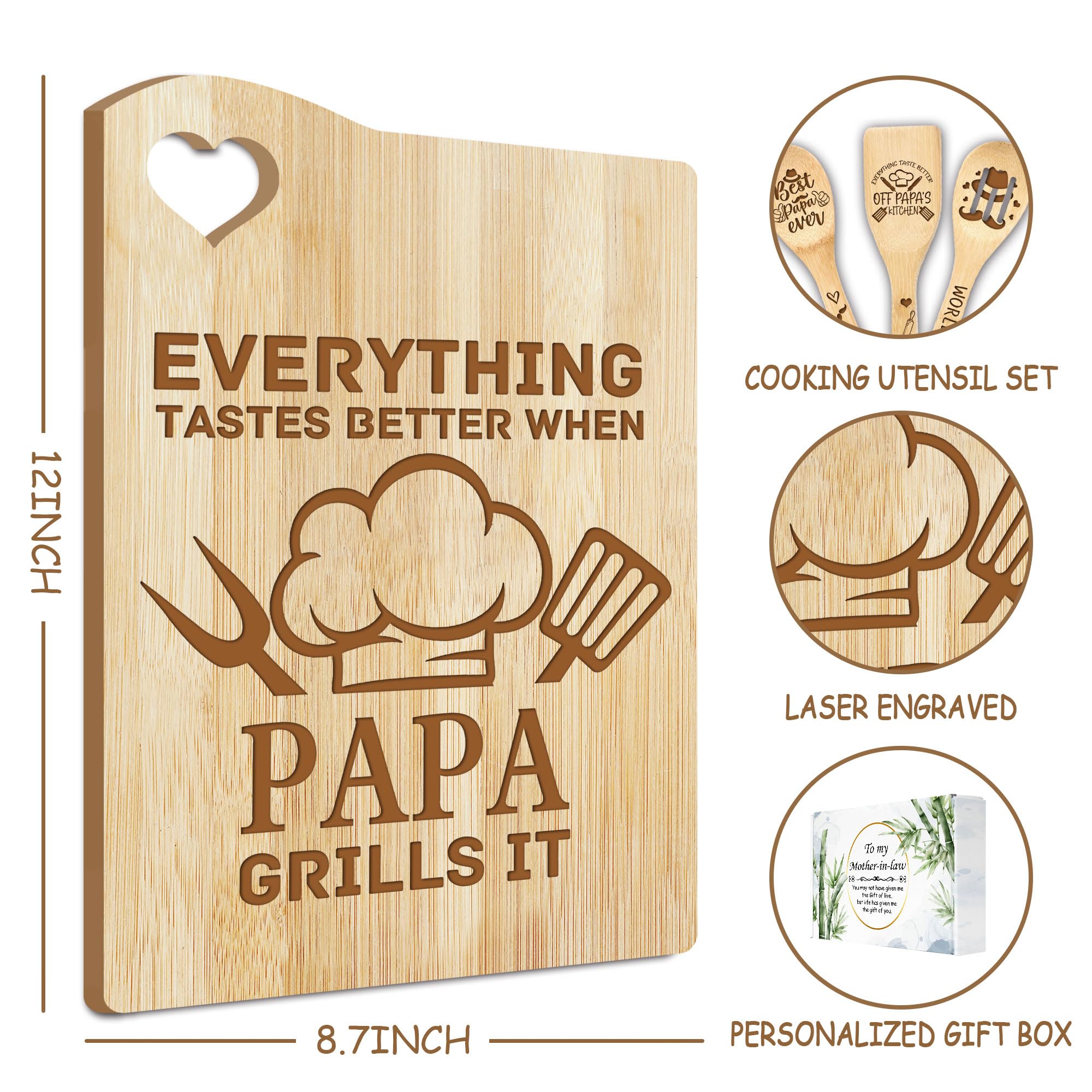 Premium Engraved Cutting Board with Utensil Set - Best Christmas & Birthday Gift for Dad, Father's Day Present from Kids & Grandchildren - Ideal for Kitchen, BBQ, Housewarming & Special Occasions