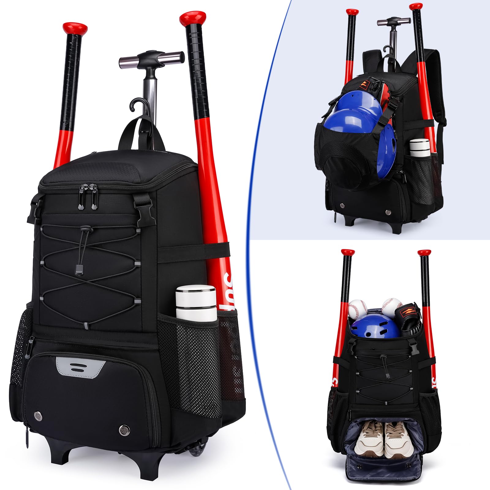 Best Youth & Adult Softball Baseball Rolling Bat Bag - Lightweight Wheeled Equipment Backpack with Shoe Compartment & Fence Hook for T-Ball & Helmet - Perfect for Games, Practice & Travel
