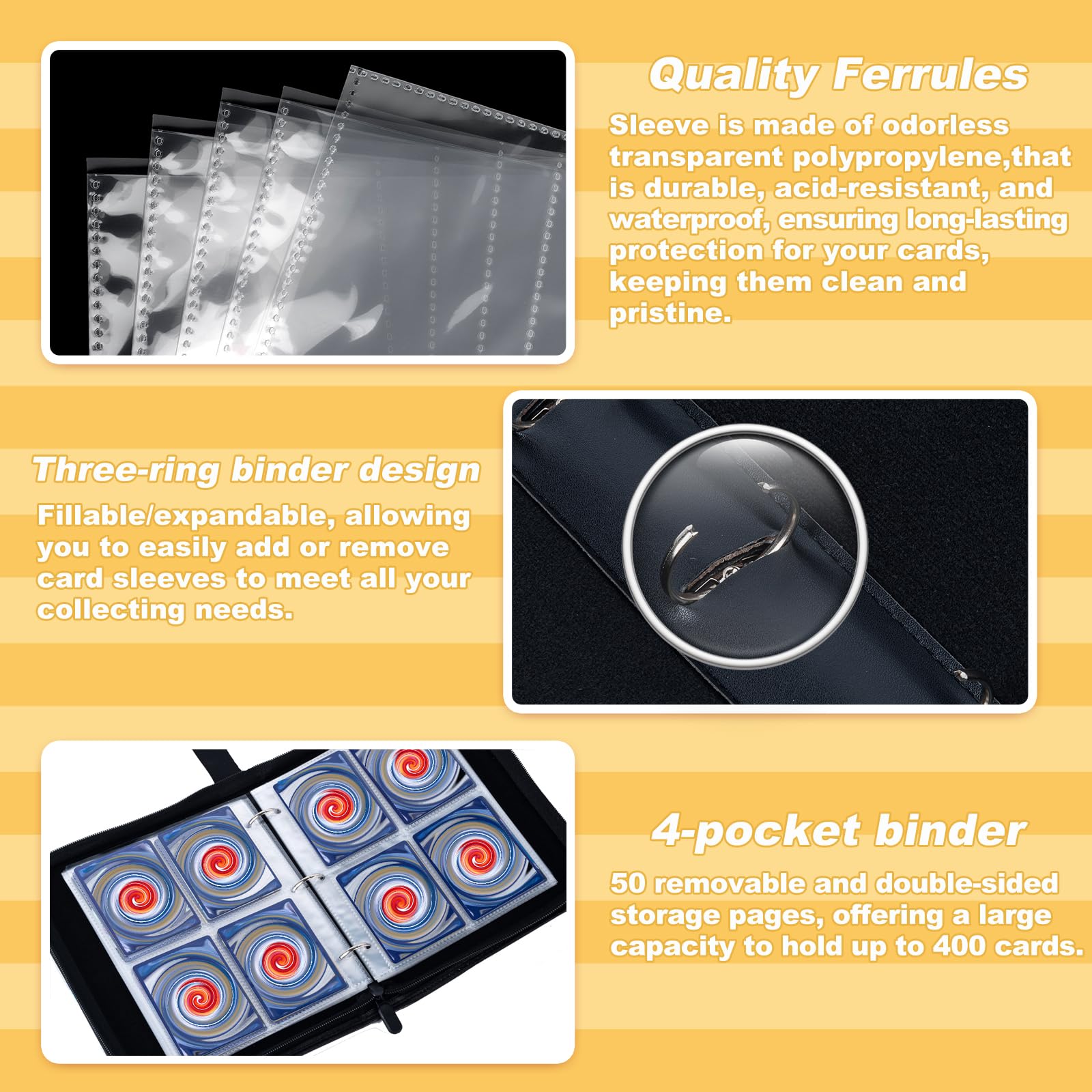 Premium 400-Pocket Card Binder with 50 Removable Sleeves - TCG Trading Card Album for Standard Size Cards - Black Display Storage Carrying Case - Perfect for MTG, Pokemon & Sports Card Collectors - Organize & Protect Your Valuable Card Collection