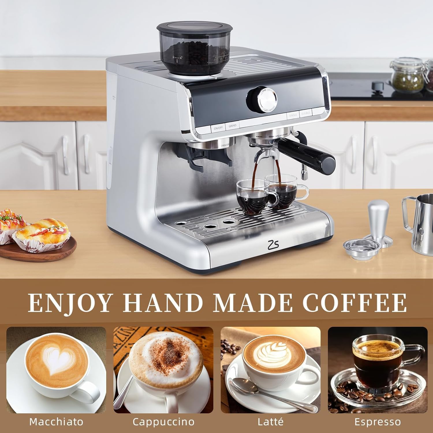 Premium Espresso Machine with Built-in Grinder & Milk Frother - 2.8L Water Tank for Cappuccino, Latte & Macchiato - Stainless Steel Coffee Maker for Home & Office Use