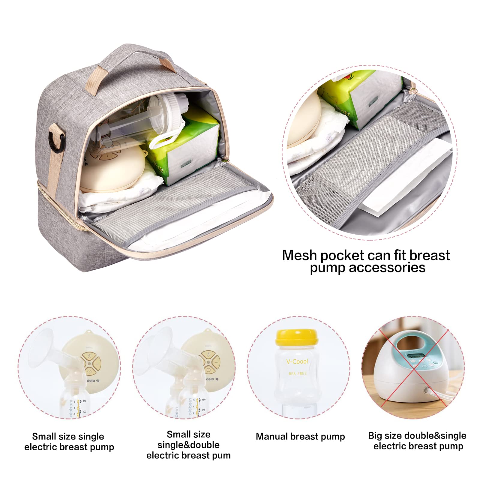Portable Breast Pump Bag with Cooler Compartment - Insulated Double Layer Moistureproof Design for Breast Milk Storage - Perfect for Working Moms, Office Use & Outdoor Activities (Grey)
