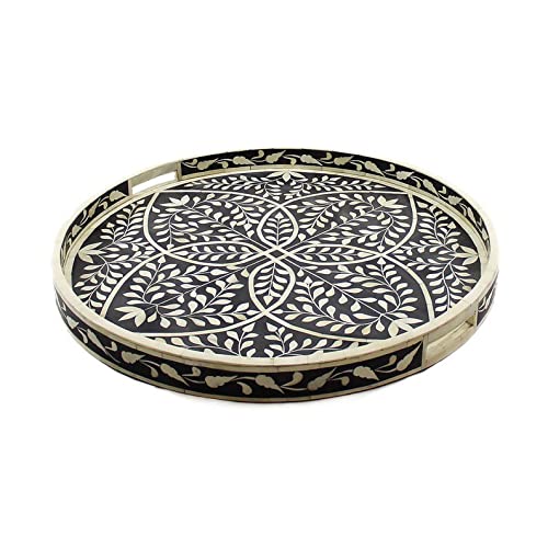 Vintage Round Floral Bone Inlay Tray - Handcrafted Antique Kitchen Decor & Home Accessories by Aaicreations | Perfect for Serving, Organizing Jewelry, or Displaying as Decorative Centerpiece