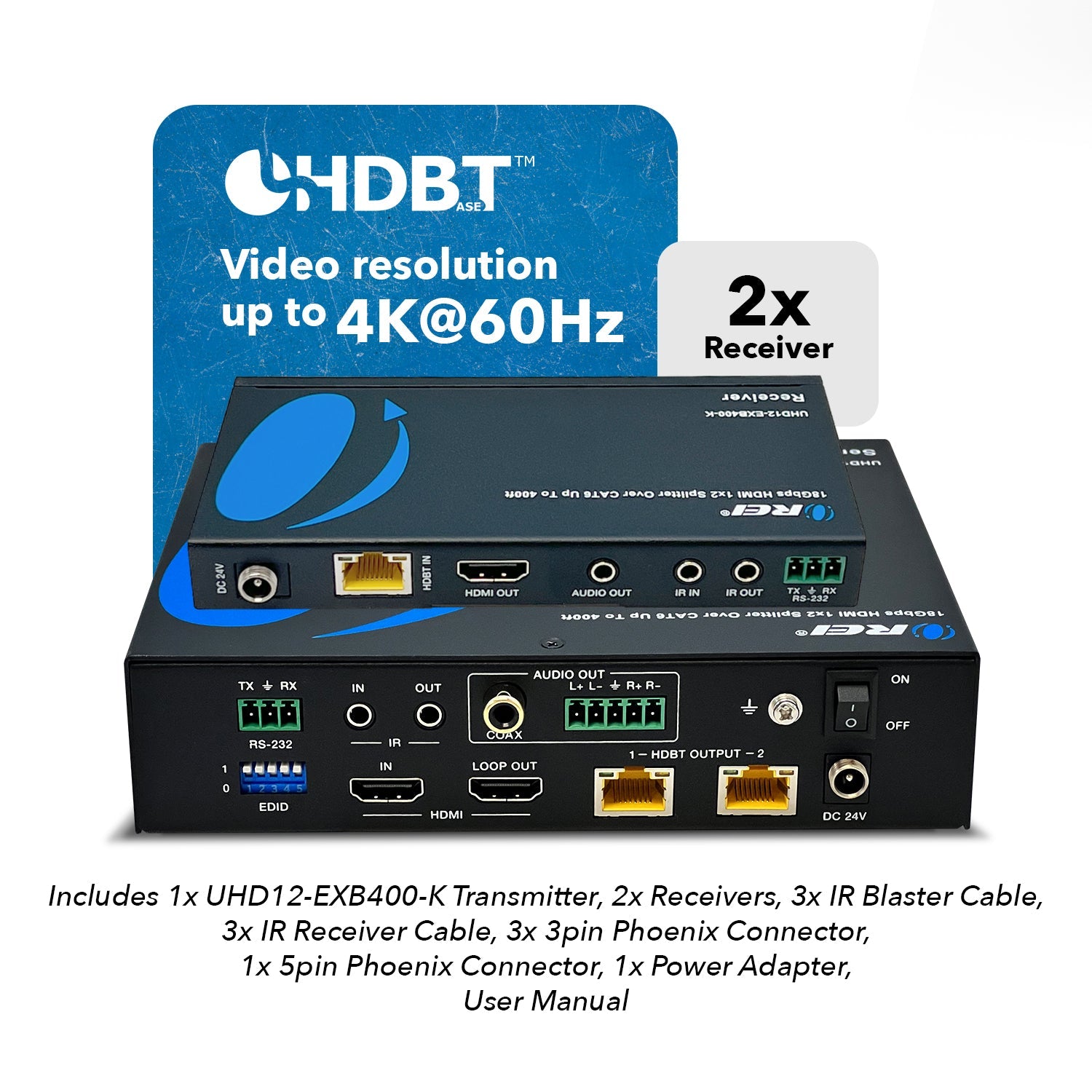 4K HDMI Extender Splitter 1x2 Over Cat6 Cable - 400ft Range with PoC, IR Control & EDID Management (UHD12 EXB400 K) for Home Theater & Professional AV Setup