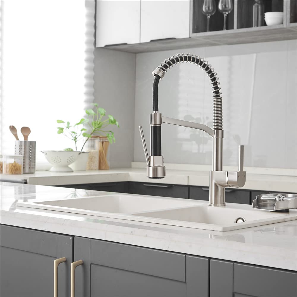Kitchen Sink Pull Down Spring Faucet Spray Head Nozzle - Brushed Nickel with Black Handle - Replacement Spout Hose Sprayer for Modern Kitchens (Perfect for Dishwashing & Food Prep)