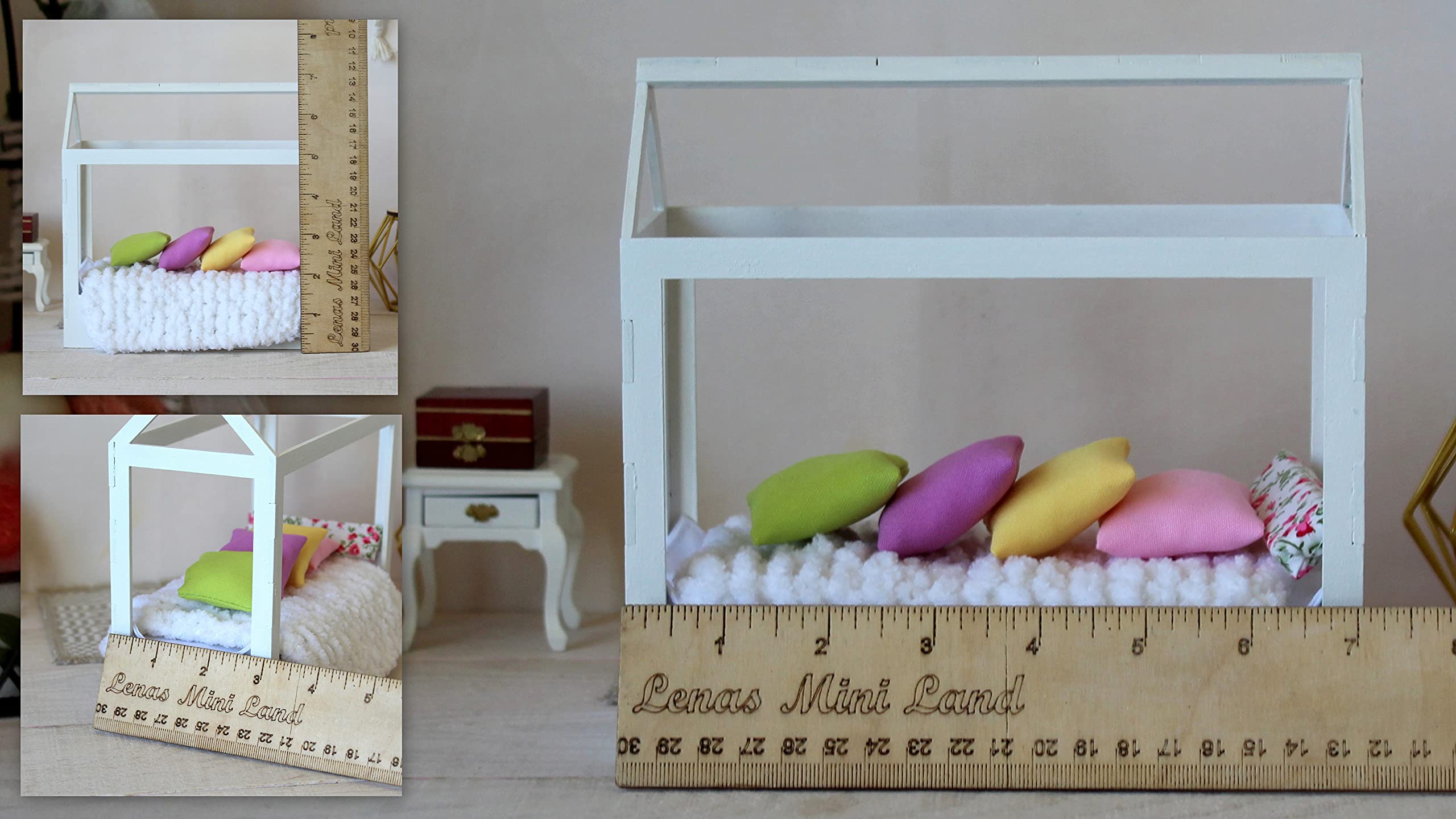 1:12 Scale Miniature Wooden Canopy Dollhouse Bed Frame with Mattress & Pillows for BJD Dolls - Perfect for Dollhouse Decor, Collectibles, and Miniature Scenes