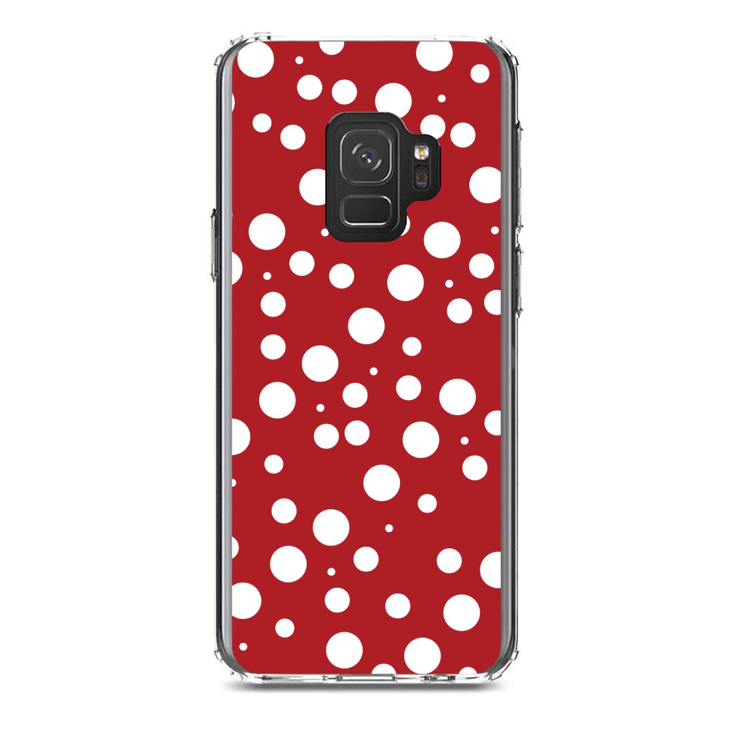 **Shockproof Hybrid Case for Samsung Galaxy S9 (5.8 Inch) – Clear TPU Bumper & Acrylic Back with Tempered Glass Screen Protector – Red & White Polka Dot Design – Perfect for Daily Use, Travel & Outdoor Activities**
