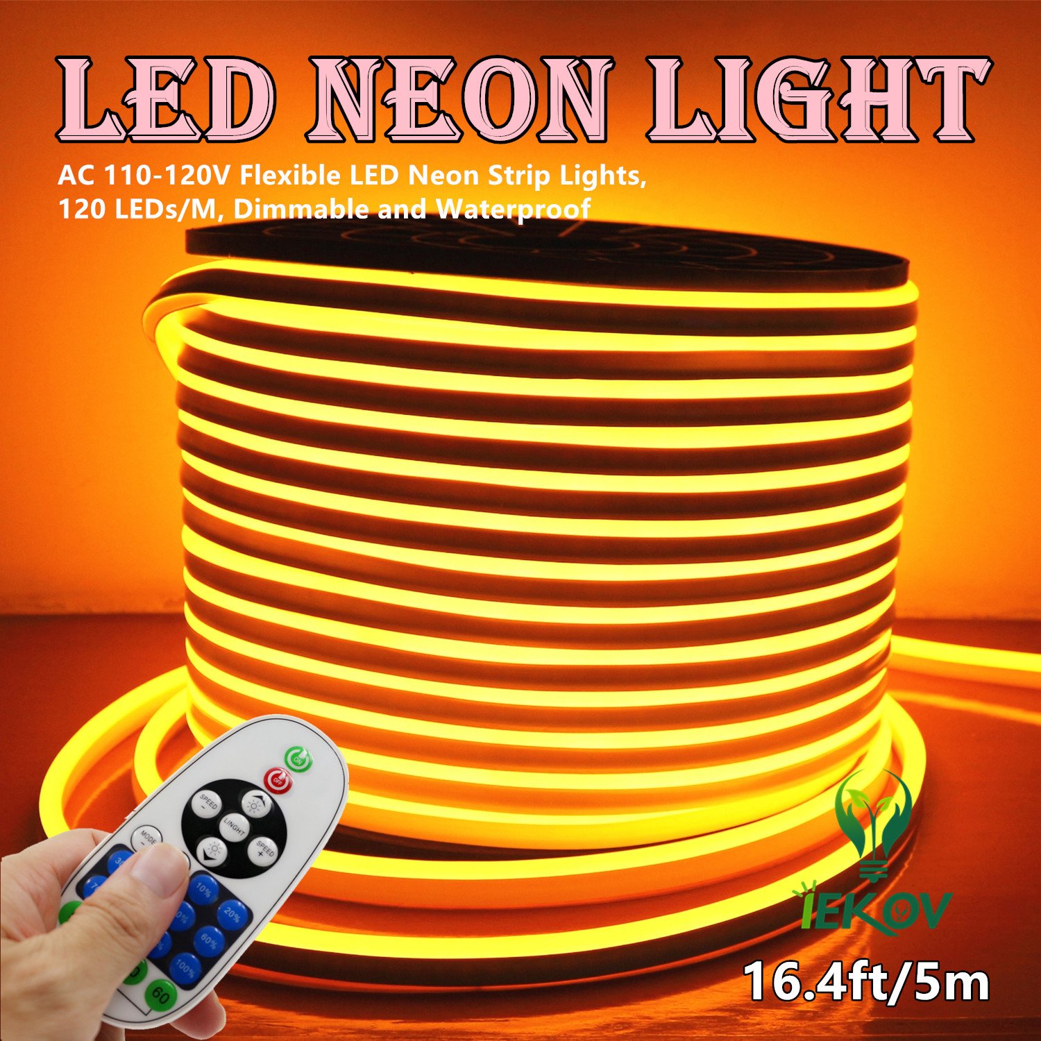Flexible LED Neon Strip Lights 16.4ft/5m - Waterproof 2835 SMD Rope Light with Controller, 120 LEDs/M, AC 110-120V for Home, Bar, Wedding & Party Decoration (Golden Yellow)