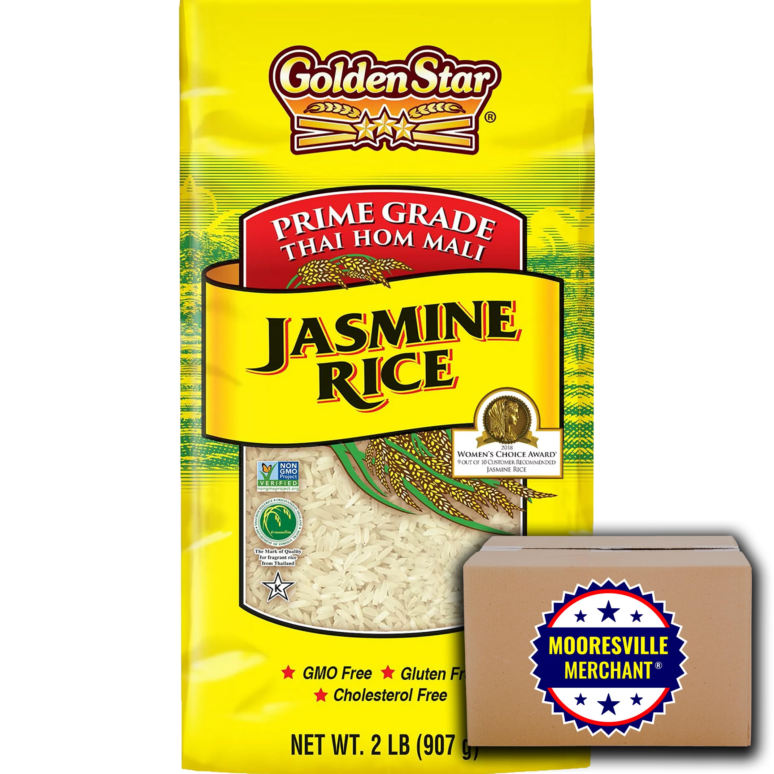 Premium Thai Hom Mali Jasmine Rice - Golden Star Prime Grade, 2 lb (3-Pack) | Authentic Fragrant Long Grain Rice for Cooking, Meal Prep & Asian Cuisine | Perfect for Rice Cookers, Stir Fry & Sushi