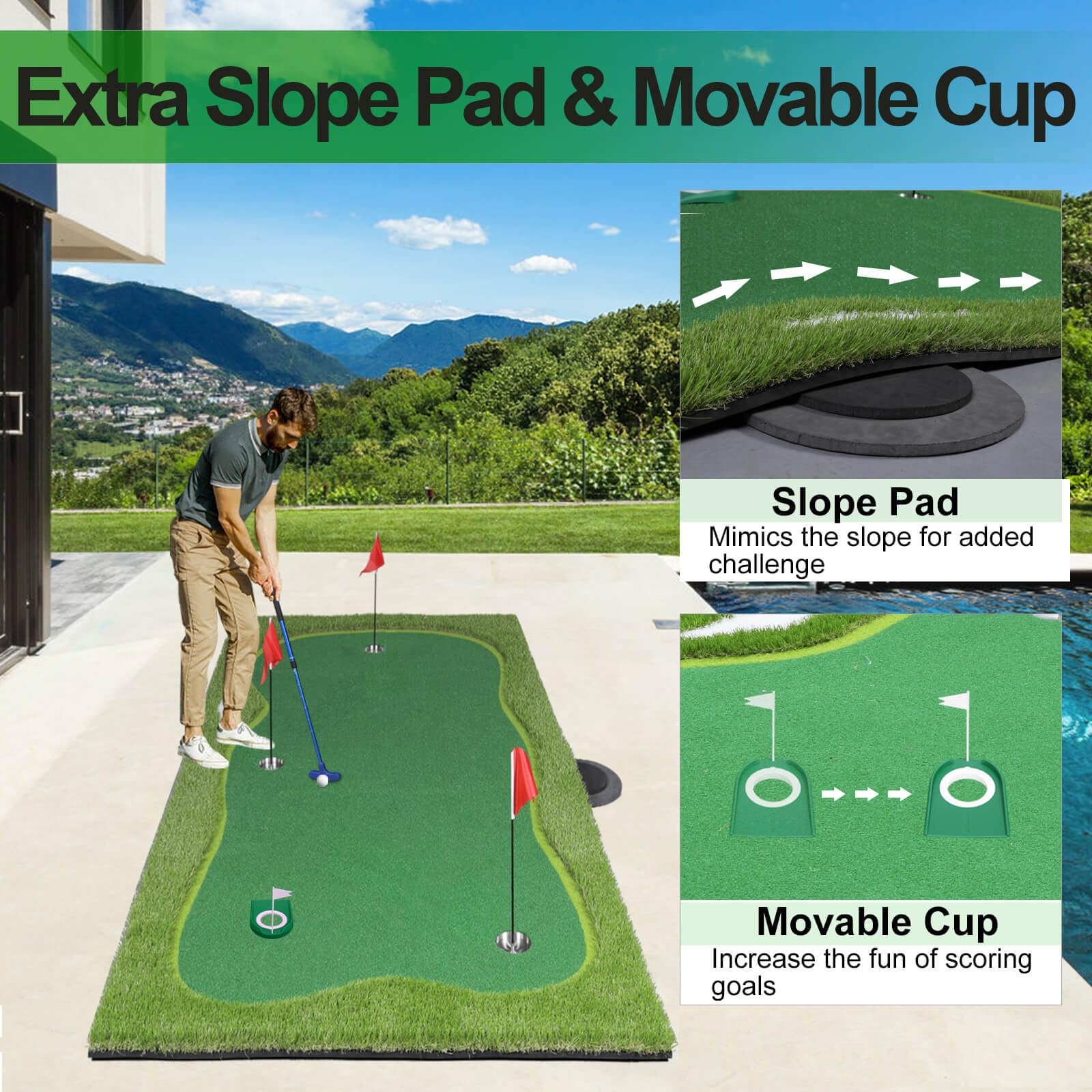 Premium Golf Putting Green Mat - Professional Training Mat with Putter, Removable Golf Cup & Slope Pad | Indoor/Outdoor Practice | Perfect for Home, Office & Backyard Training
