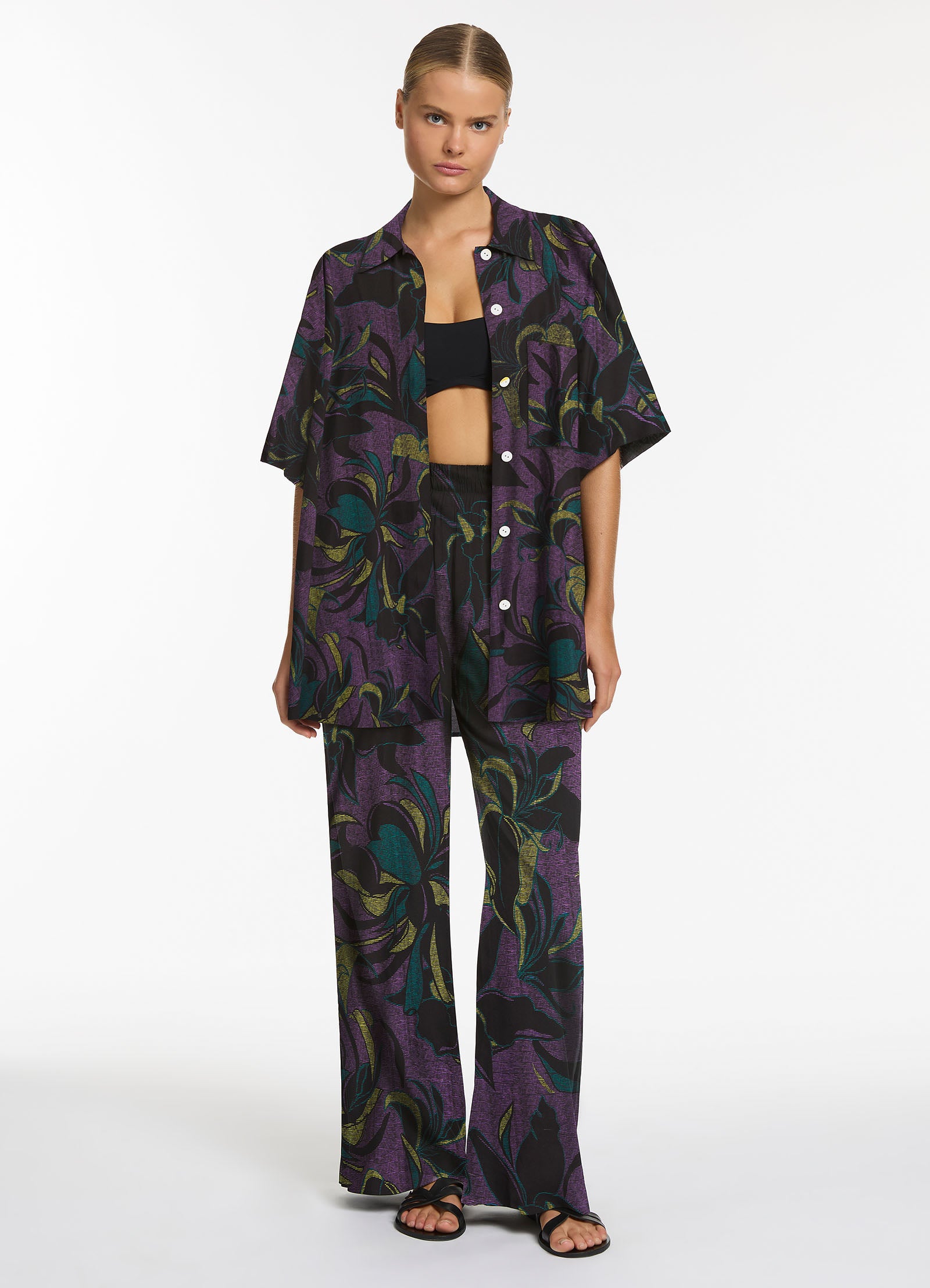 Midnight Tropical Wide Leg Pants for Women - Amethyst Purple Flowy Lounge Pants - Comfortable Boho Chic Pajama Bottoms for Yoga, Travel & Home Relaxation