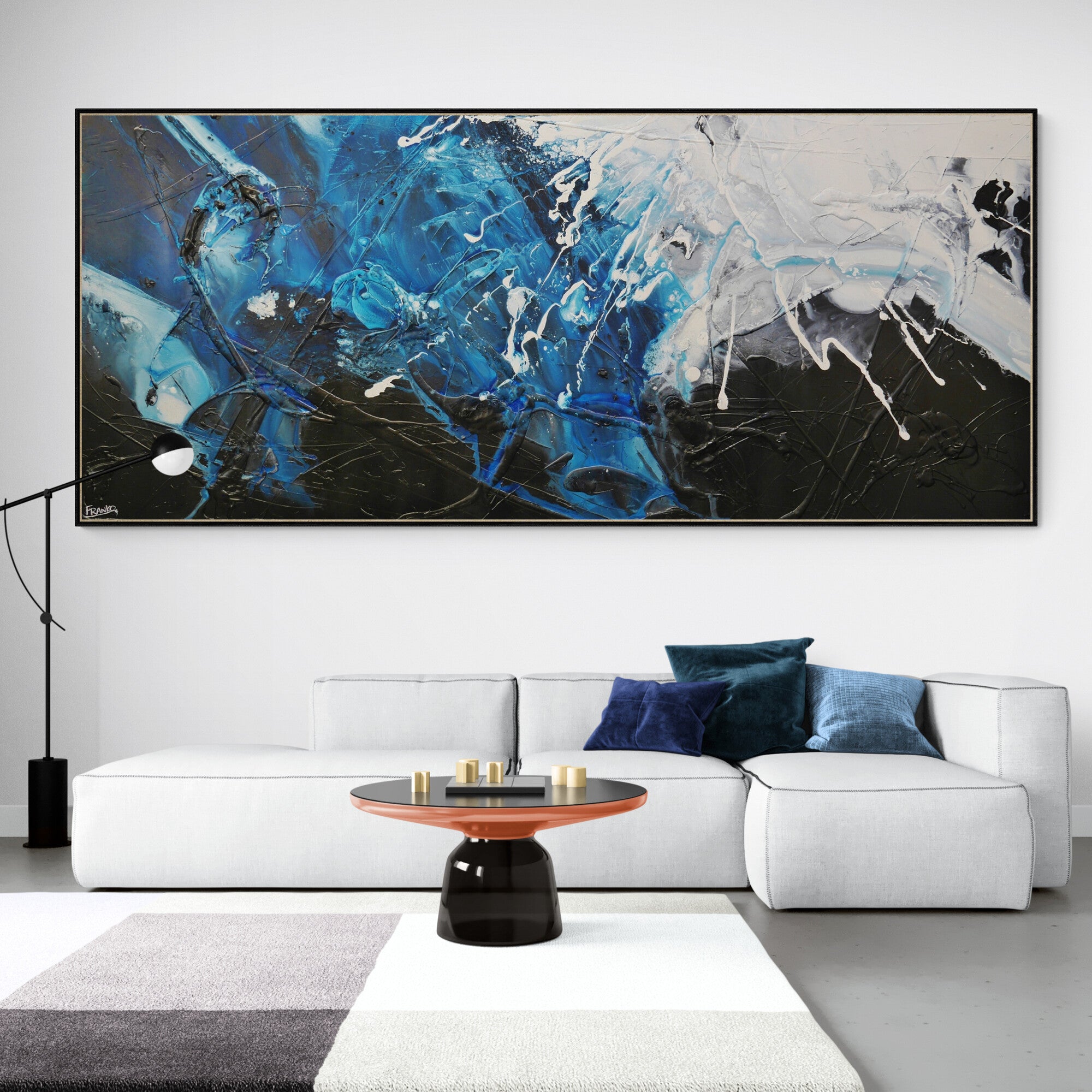270cm x 120cm Black Blue White Textured Abstract Canvas Wall Art - Modern Large Painting for Living Room, Bedroom & Office Decor