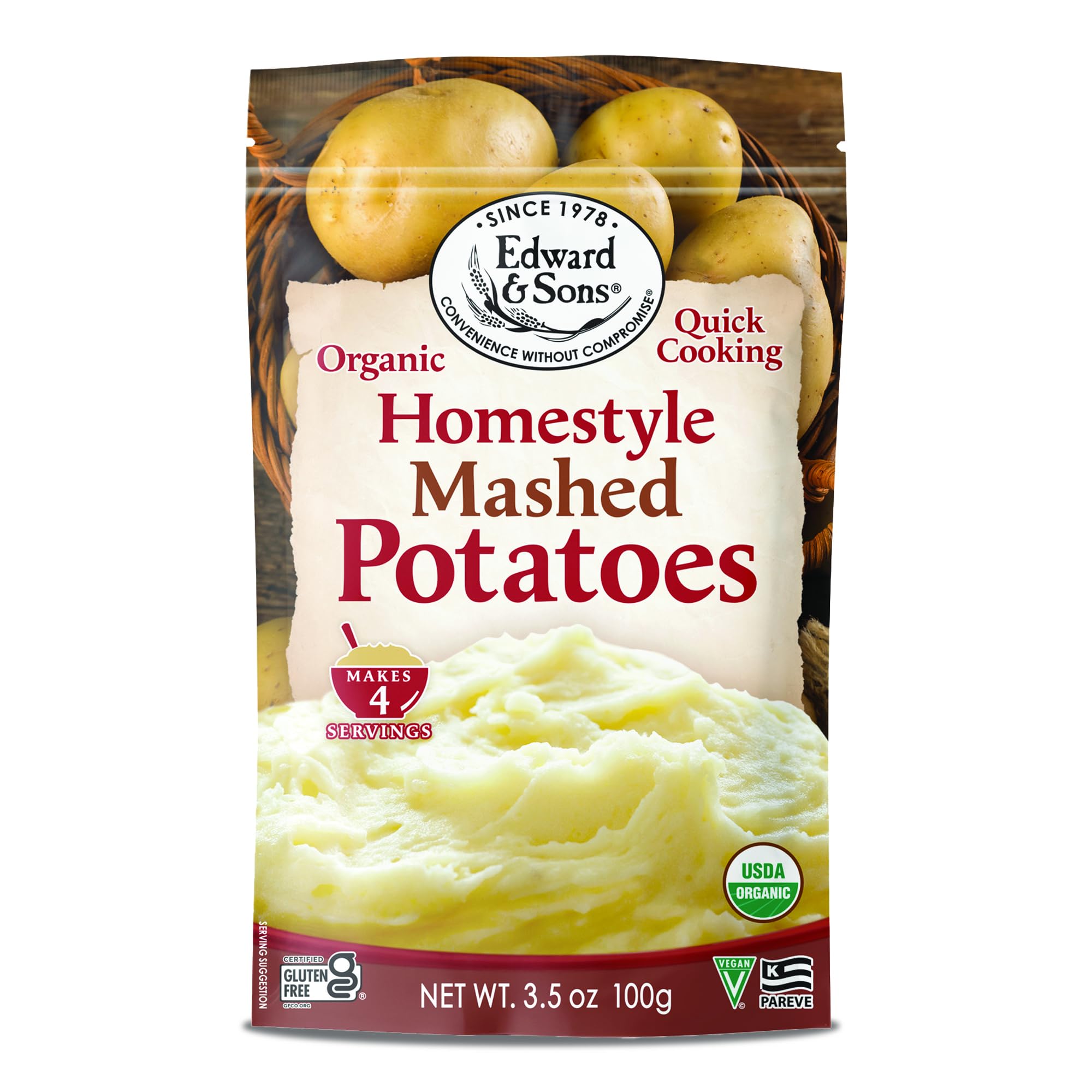 Organic Instant Mashed Potatoes by Edward & Sons - Vegan, Gluten-Free, Non-GMO, 3.5 Oz (Pack of 6) - Quick & Easy Side Dish for Thanksgiving, Camping, or Busy Weeknights