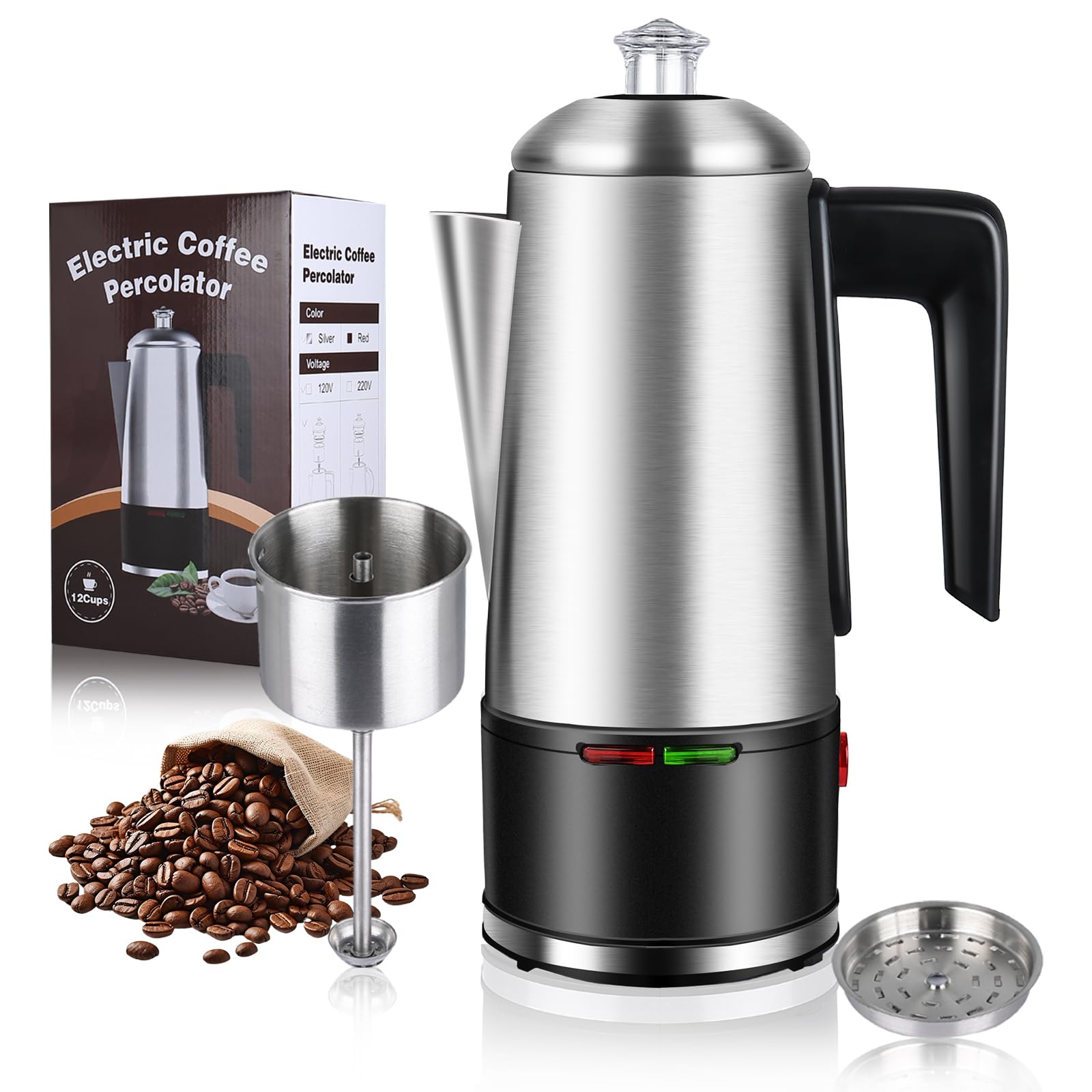 HOMOKUS 12-Cup Electric Coffee Percolator - 800W Stainless Steel Coffee Maker with Auto Keep Warm, Cool-Touch Handle & Clear Knob - Perfect for Home, Office, Camping & Outdoor Use