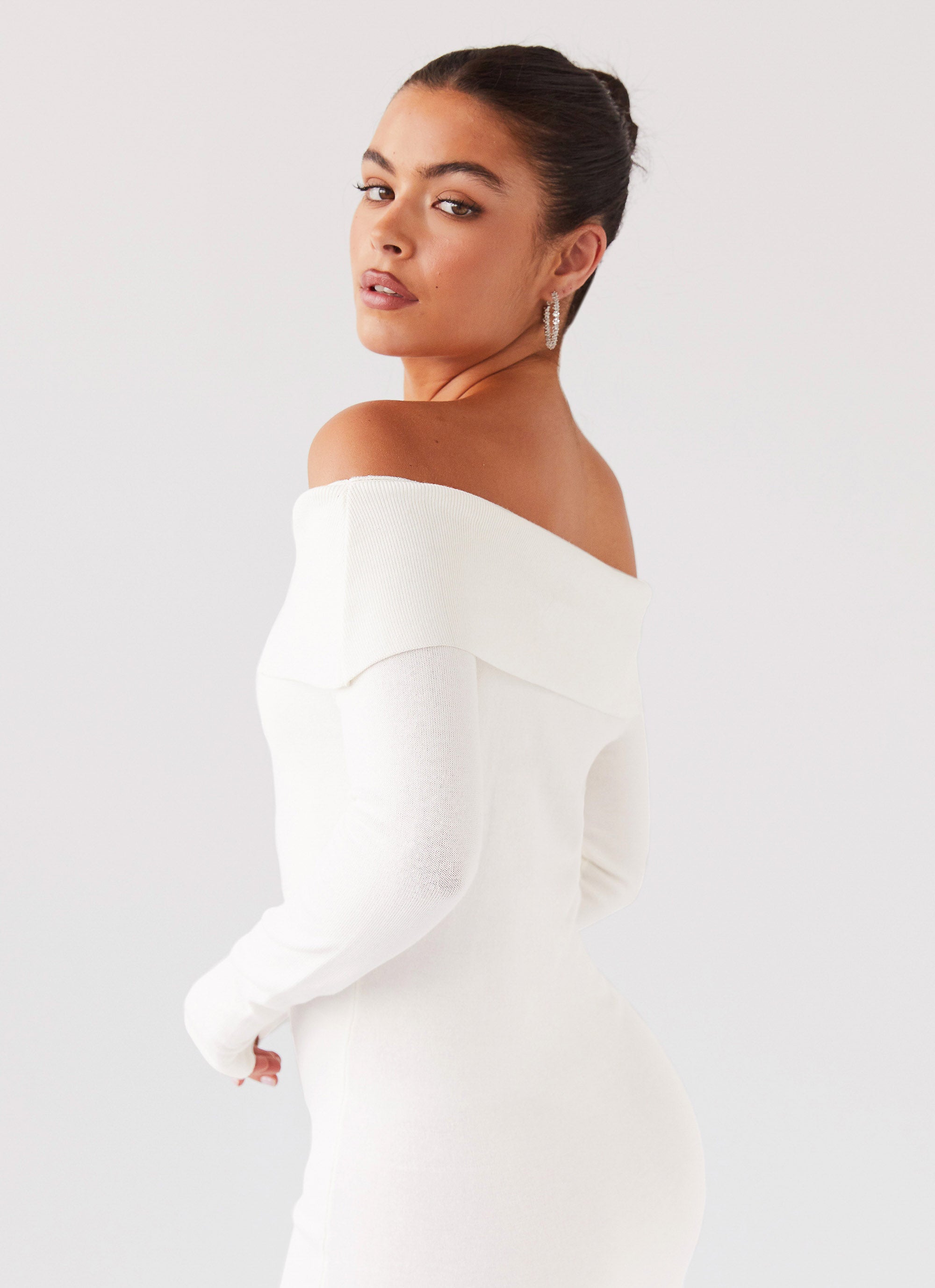 Alexandra Off Shoulder Knit Maxi Dress in Ivory - Elegant Long Sleeve Beach Cover Up for Women, Perfect for Summer Vacations, Weddings & Date Nights