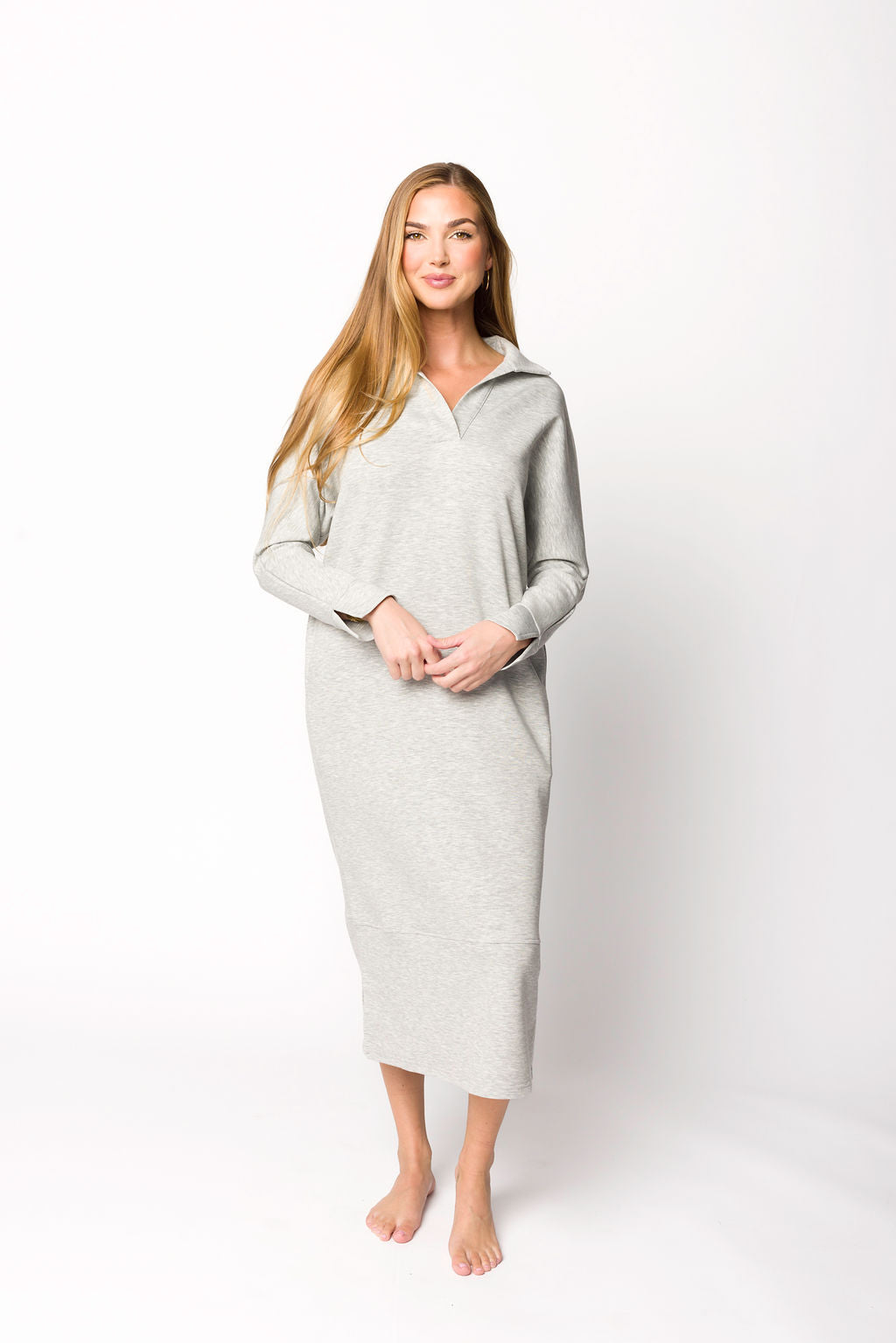 Myra Collared Long Sleeve Maxi Dress - Heather Grey Women's Elegant Formal Dress for Office, Wedding & Special Occasions