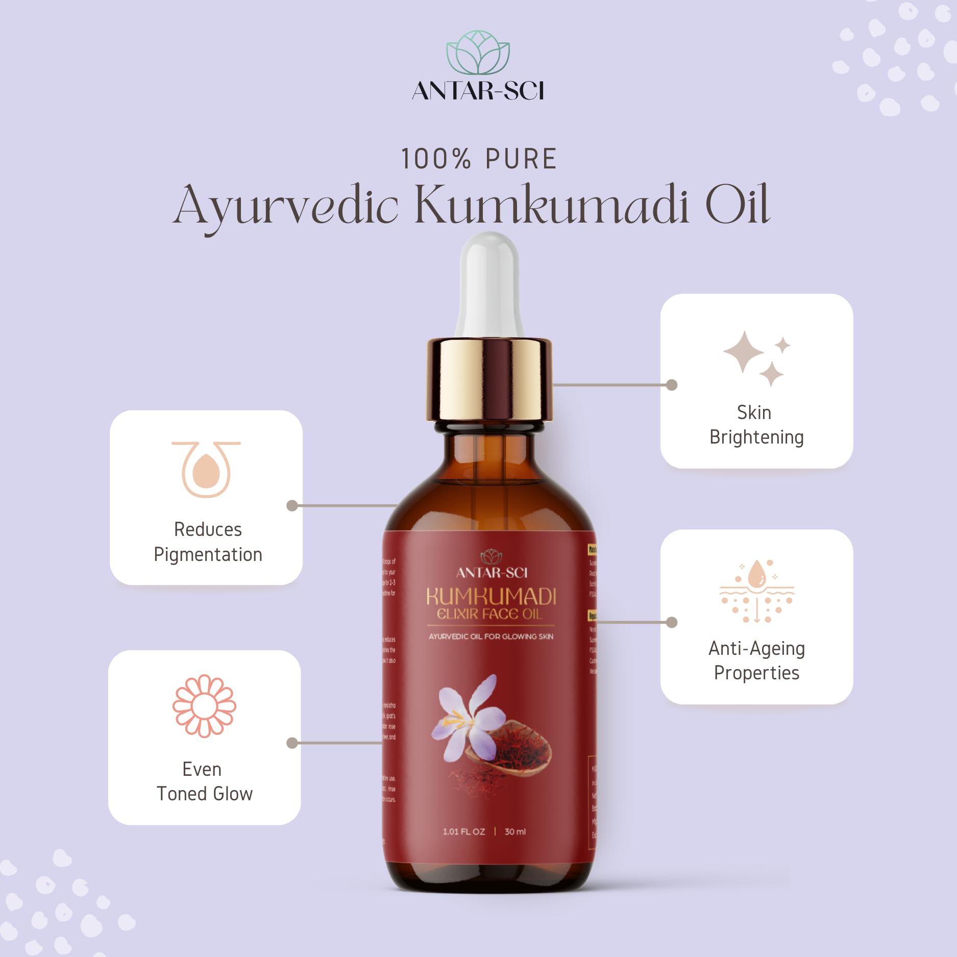 Antar-Sci Ayurvedic Kumkumadi Gold Oil for Glowing Skin | 100% Pure & Natural | Luxurious Saffron, Manjistha, Sandalwood & 9 Herbal Blend | Reduces Fine Lines & Repairs Skin | 30ml | Perfect for Nighttime Skincare & Anti-Aging Routine