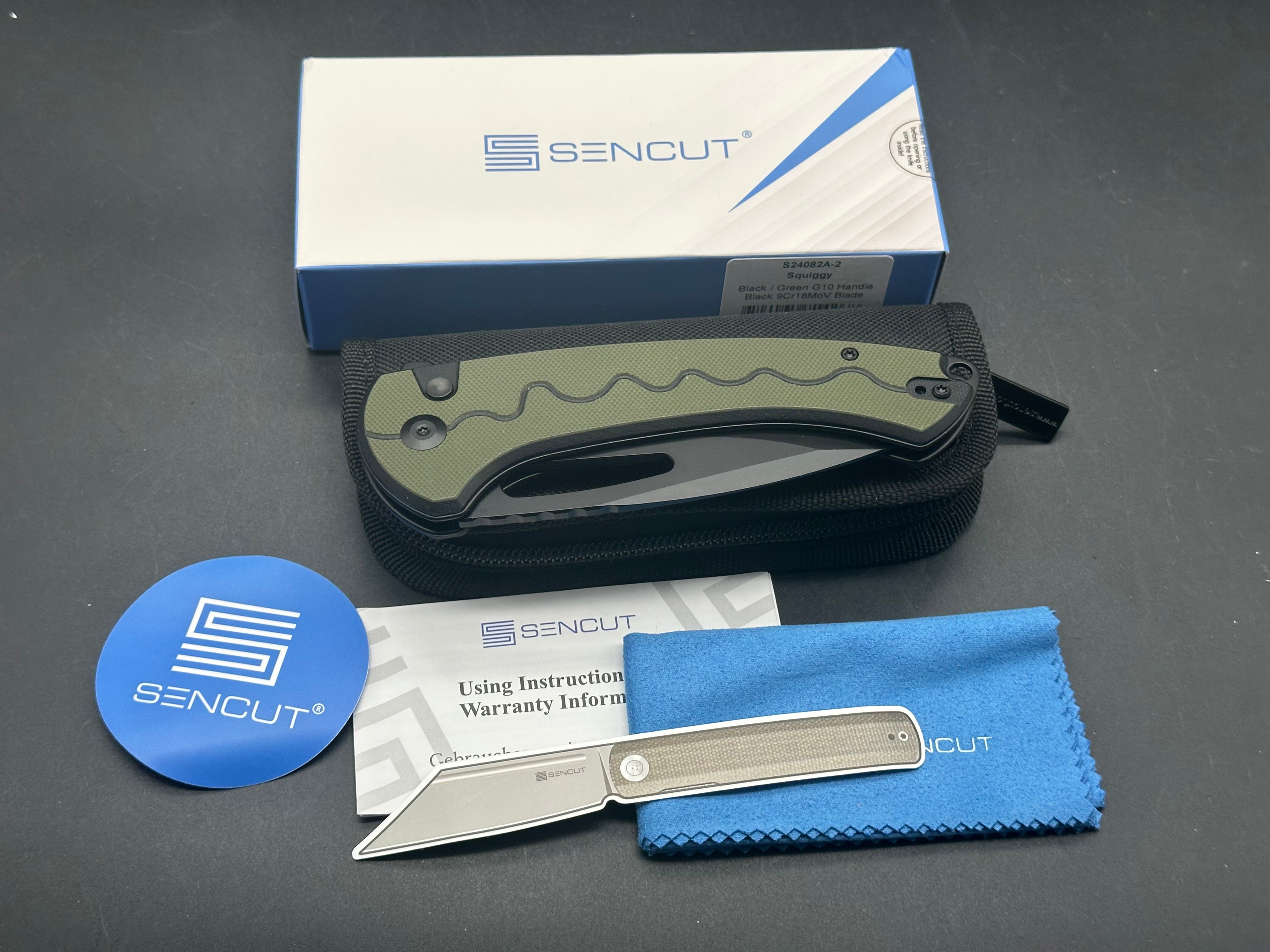 SENCUT SQUIGGY Folding Pocket Knife - 9CR18MOV Black Blade with Black/Green G10 Handle - EDC, Camping, Hiking & Outdoor Survival Tool