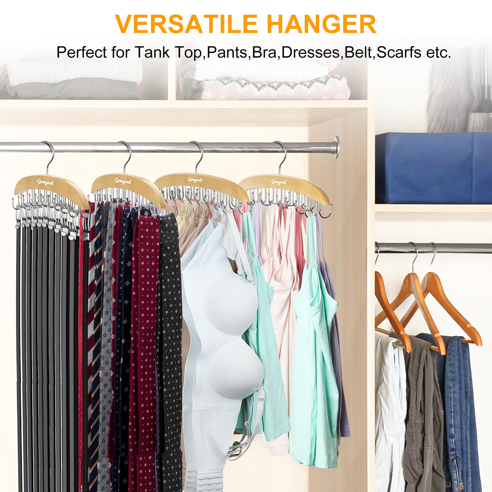 2 Pack Bra Hanger for Closet with 20 Hooks - Space Saving Tank Top Organizer Holds 40 Bras - Premium Wooden & Metal 360° Rotating Closet Storage - Perfect for Dorm, Bedroom, and Small Space Organization