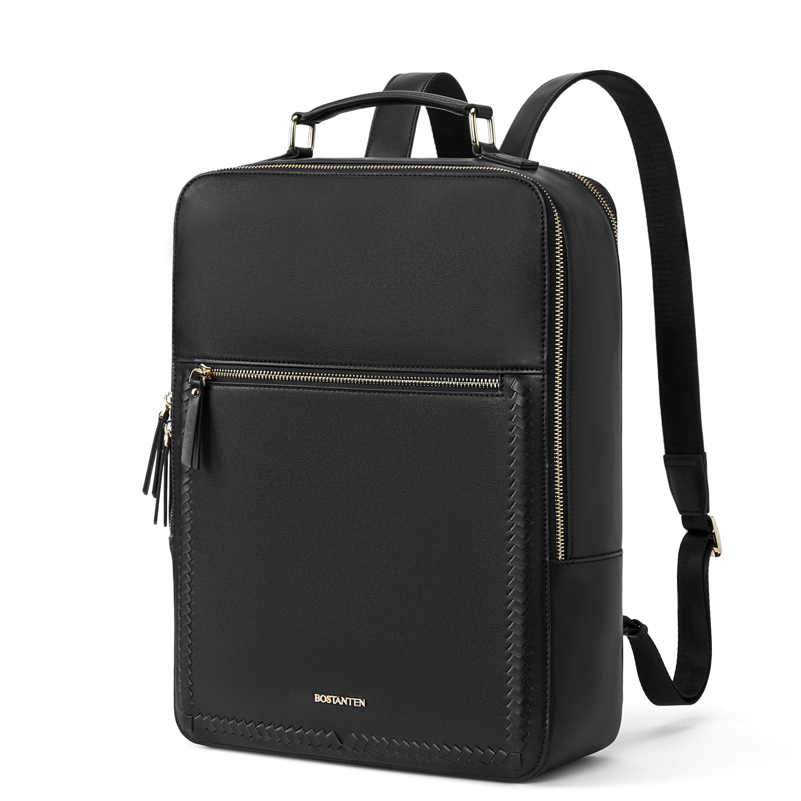 BOSTANTEN 15.6 Inch Leather Laptop Backpack - Waterproof Travel Business Backpack for Men & Women with USB Charging Port & Trolley Sleeve - Perfect for Work, College, Commuting & Airplane Carry-On (Black)