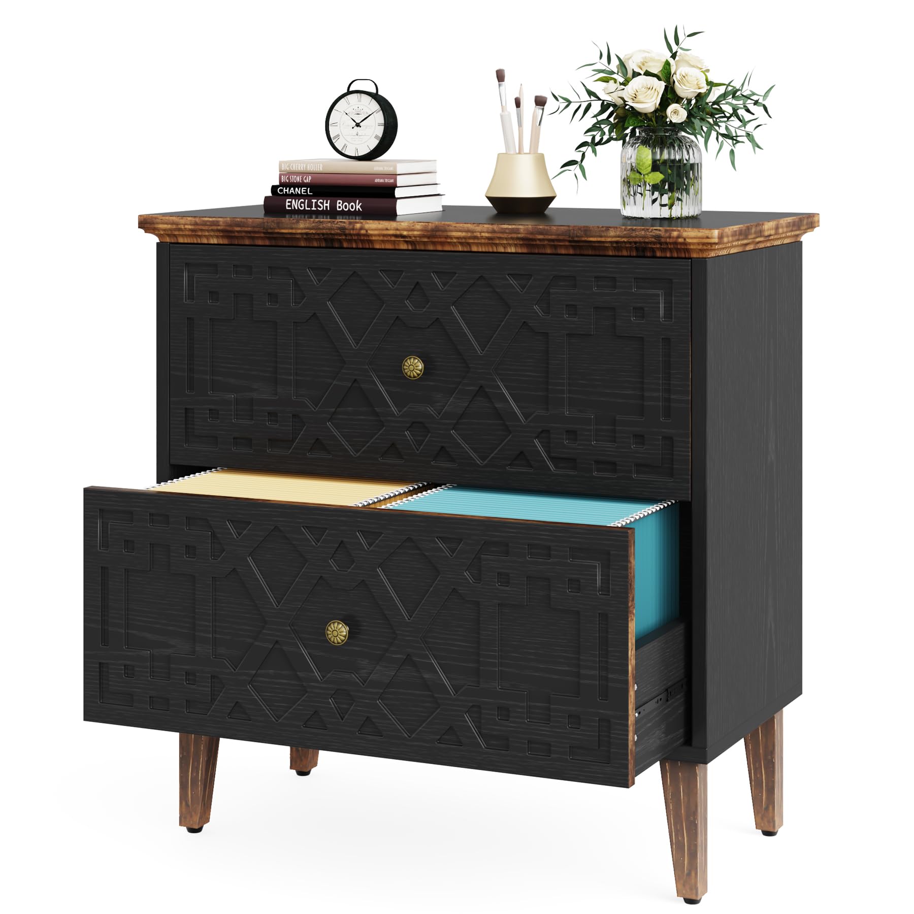 Tribesigns 2-Drawer Lateral File Cabinet - Wooden Office Storage Cabinet for A4/Letter/Legal Size Files - Printer Stand for Home Office & Living Room - Black - Perfect for Organizing Documents & Saving Space