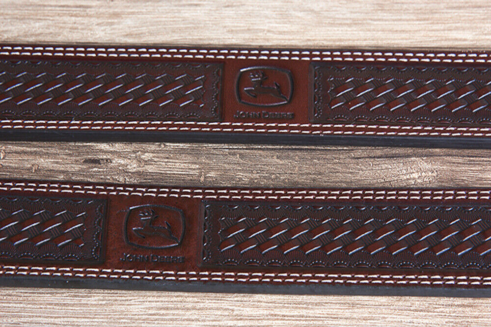 John Deere Wide Top Grain Basketweave Leather Cowboy Belt for Men - Chocolate Brown | Western Style, Ranch Work, Rodeo & Casual Wear