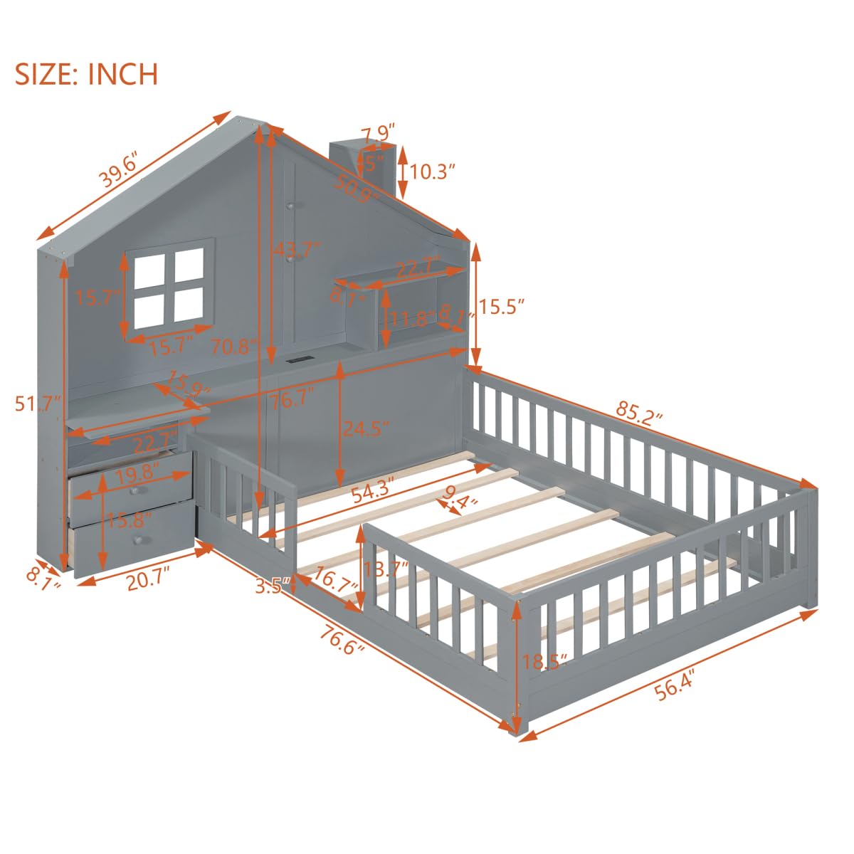 Pine Wood Full Size House Platform Bed with Storage Headboard, L-Shaped Bookcase, Drawers & Large Shelves - Kids Bedroom Furniture with USB Charging Station for Boys & Girls (Gray) - Perfect for Small Spaces, Dorm Rooms & Shared Kids' Bedrooms