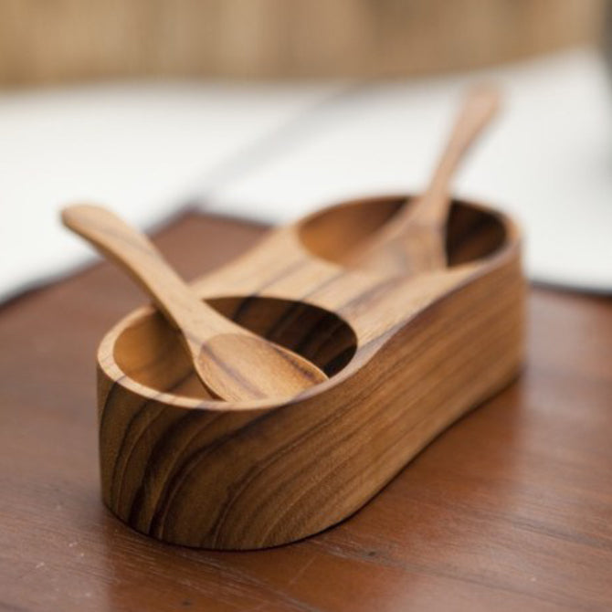 Premium Teak Wood Salt and Pepper Shaker Set with Stainless Steel Spoons - Elegant Dining Table Seasoning Dispenser for Home Kitchen & Restaurant Use