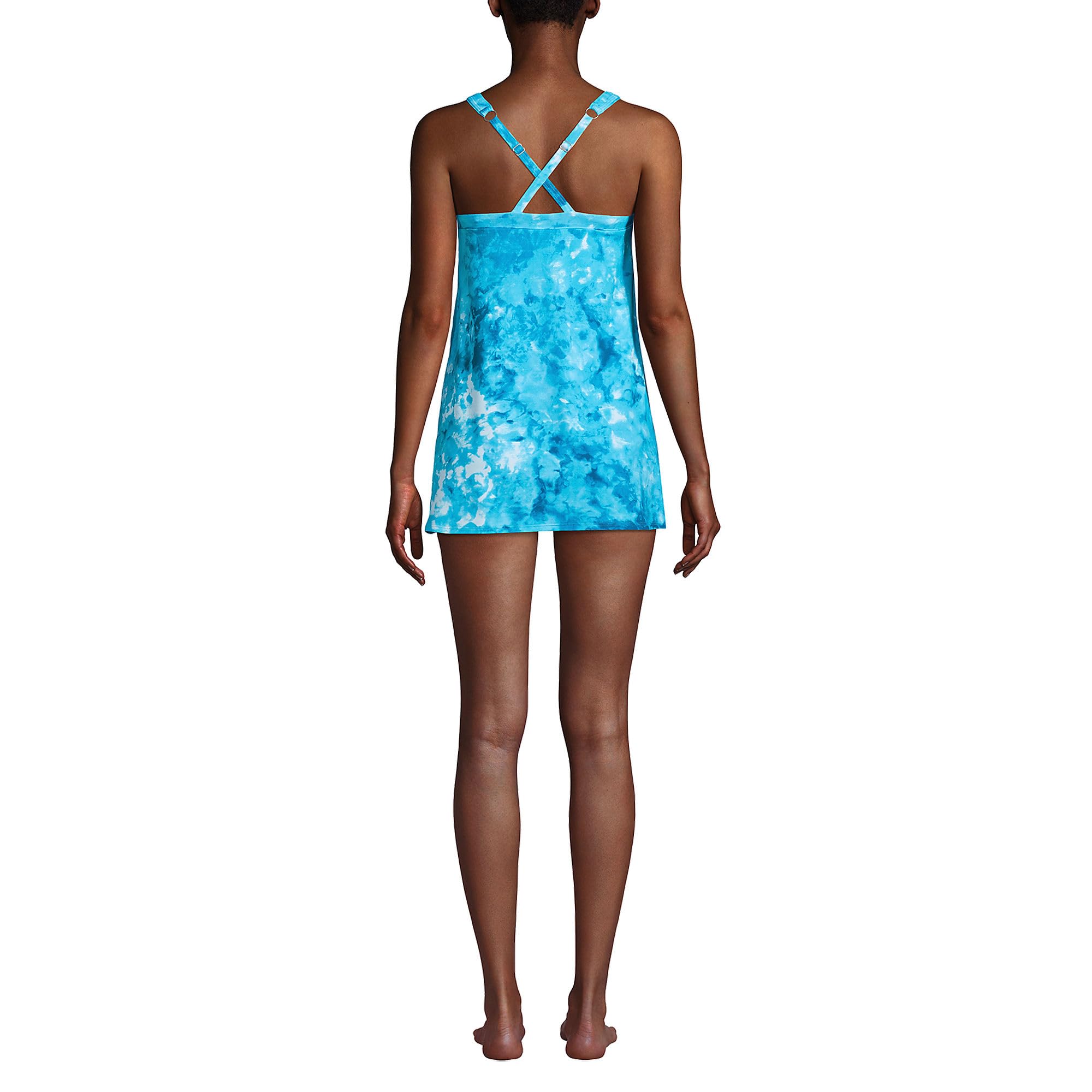 Lands' End Women's Chlorine-Resistant High Neck Swim Dress - Turquoise/Baltic Teal Tie Dye - Size 4 | Perfect for Beach Vacations, Pool Parties & Water Aerobics