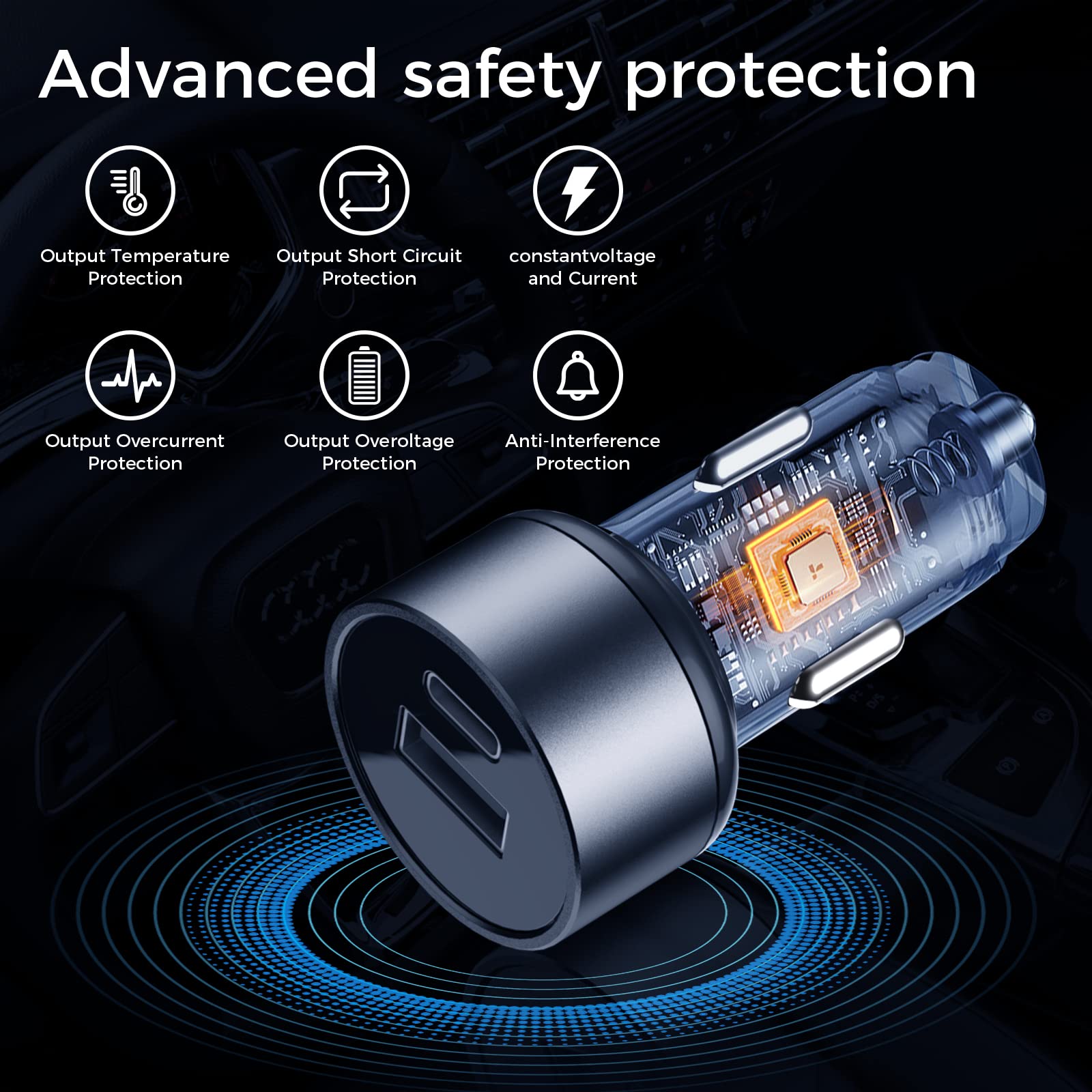45W Fast Car Charger with 3A USB Port - Compatible with iPhone 14 Pro Max/13/12/11/X/6s, iPad Air 2/Mini 3, Samsung Note 9/S10/S9/S8 - Metal Flush Fit Design for Road Trips & Daily Commute