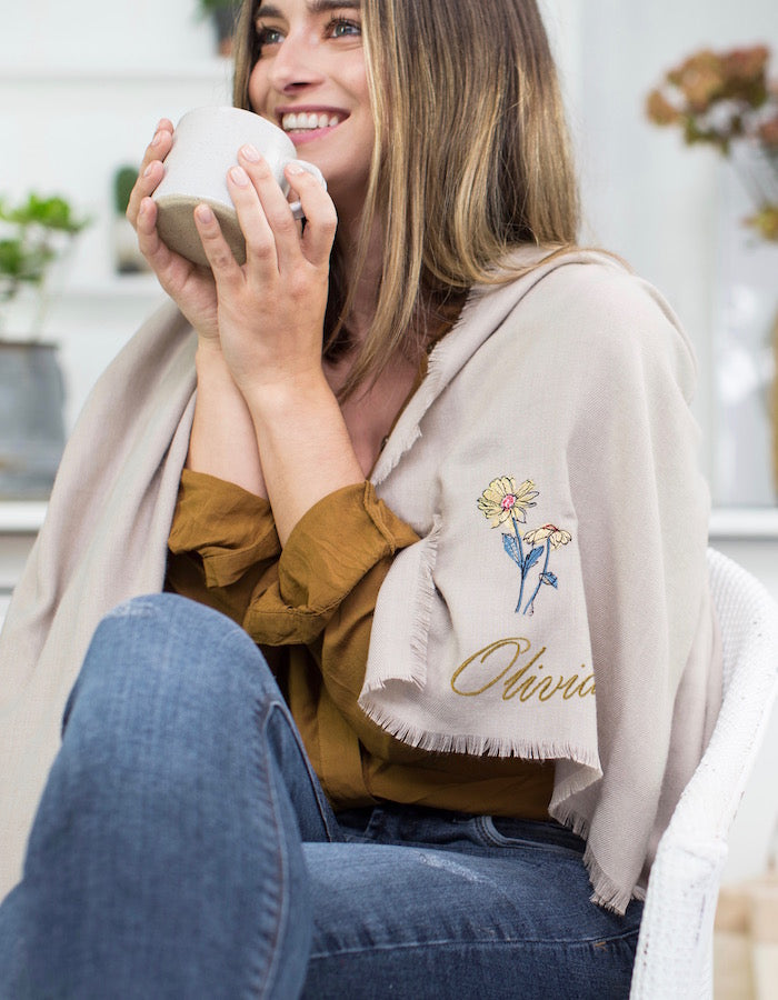 Personalized Birth Flower Scarf - Custom Floral Print Shawl for Women - Perfect Gift for Birthday, Anniversary & Special Occasions