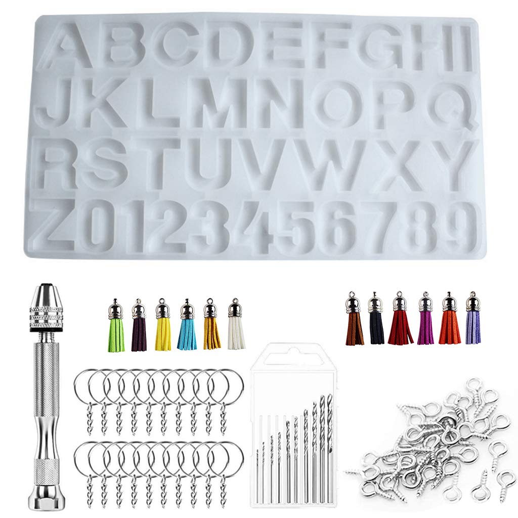 DIY Silicone Alphabet Keychain Mold Set - Resin Letter Molds with Keychain Tassels & Pin Vise for Epoxy Resin Casting - Perfect for Handmade Jewelry, Gift Making & Craft Projects