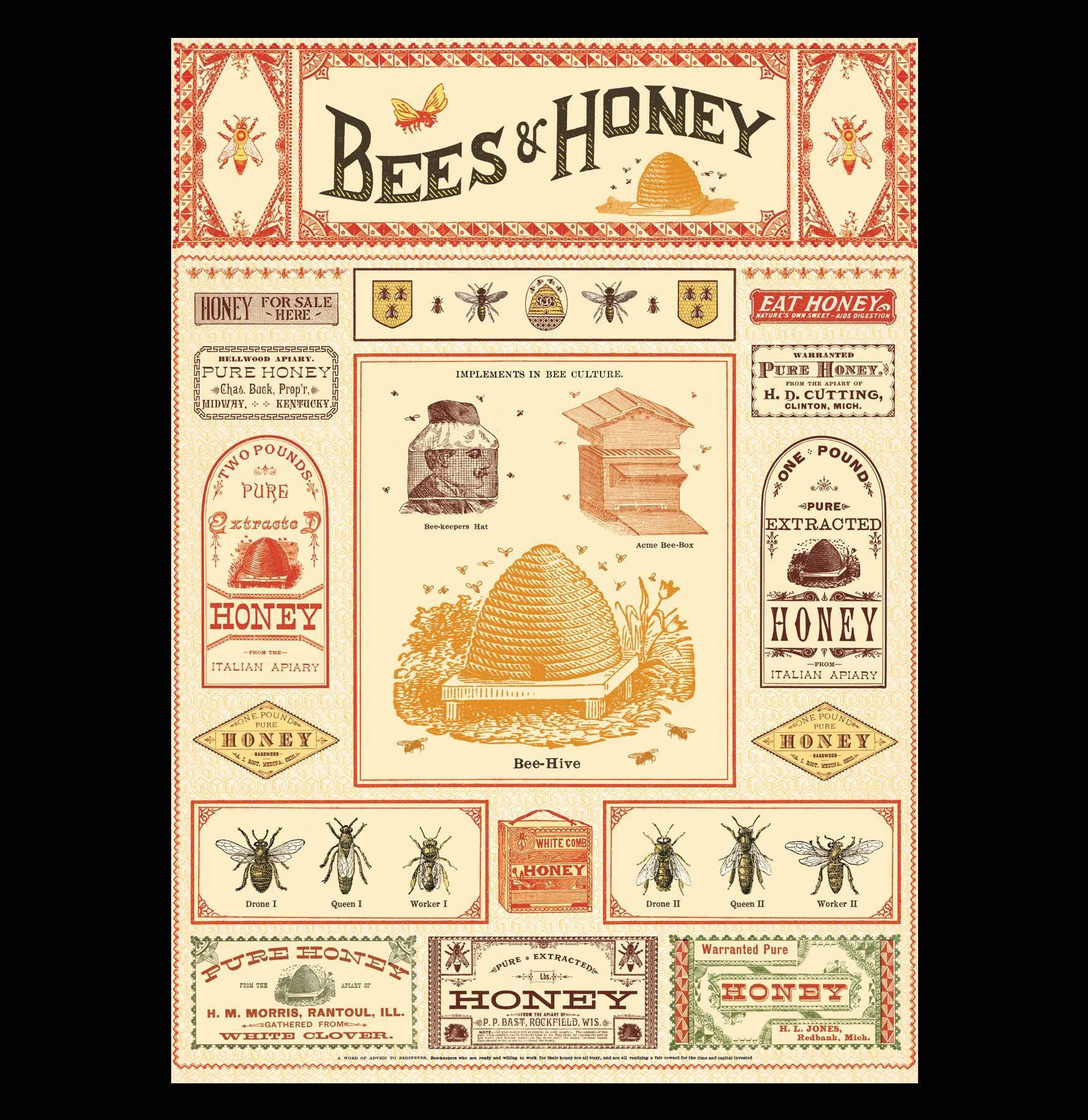Bees & Honey Poster Wrap - Vintage Bee Art Print for Kitchen & Farmhouse Decor - Perfect for Wall Art, Home Decor, and Gift Giving