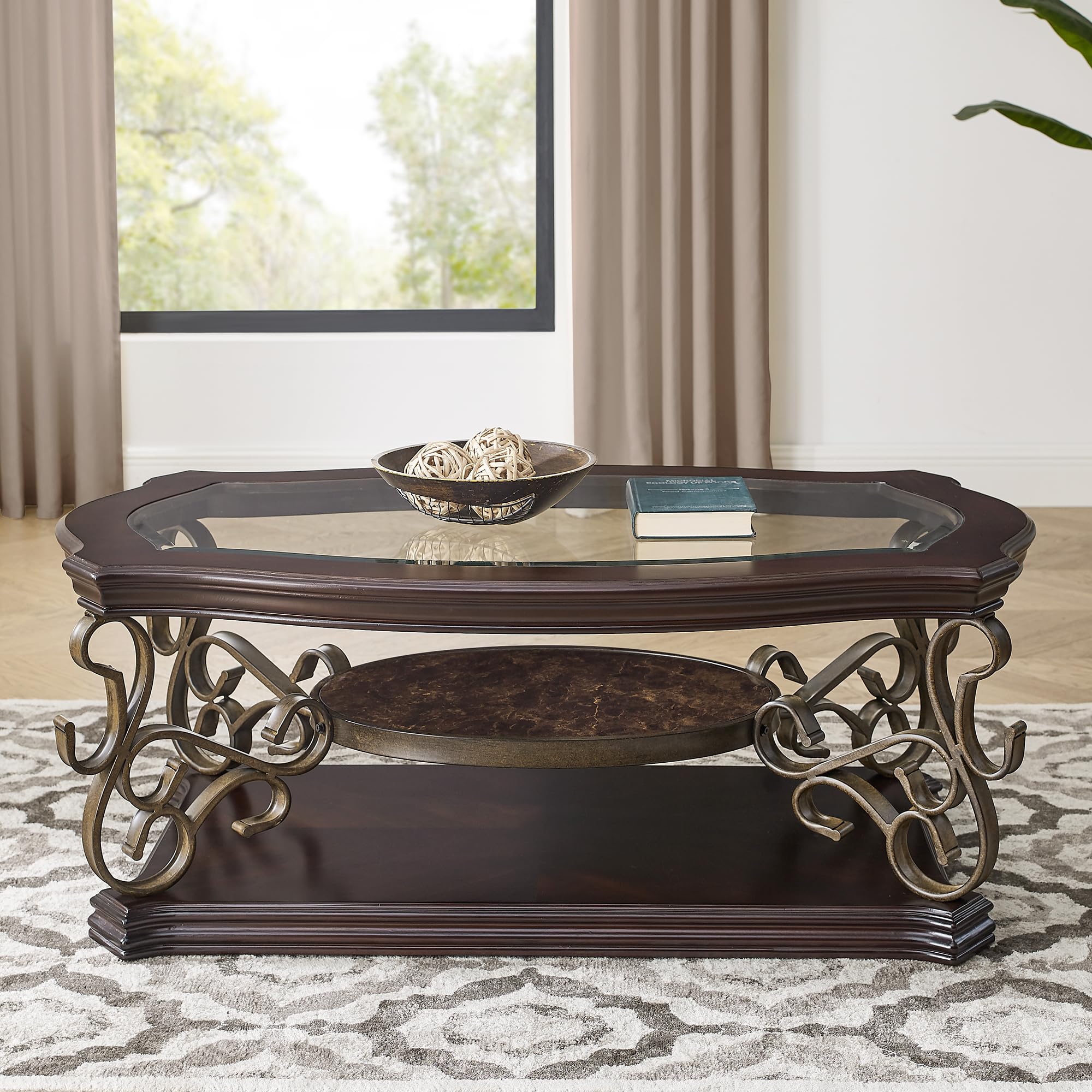 Vintage Oval Coffee Table with Tempered Glass Top and Middle Shelf - Traditional Cocktail Table for Living Room - Easy Assembly Home Furniture - Perfect for Small Spaces, Apartments and Cozy Living Rooms