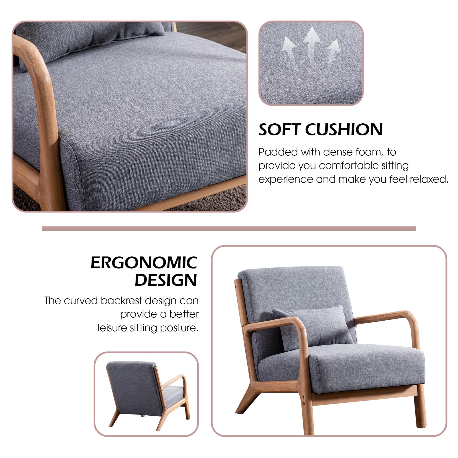 Mid Century Modern Accent Chair - Grey Linen Upholstered Living Room Chair with Solid Wood Frame & Lumbar Pillow - Comfortable Reading Side Chair for Bedroom, Office or Lounge - Easy Assembly Home Decor Furniture