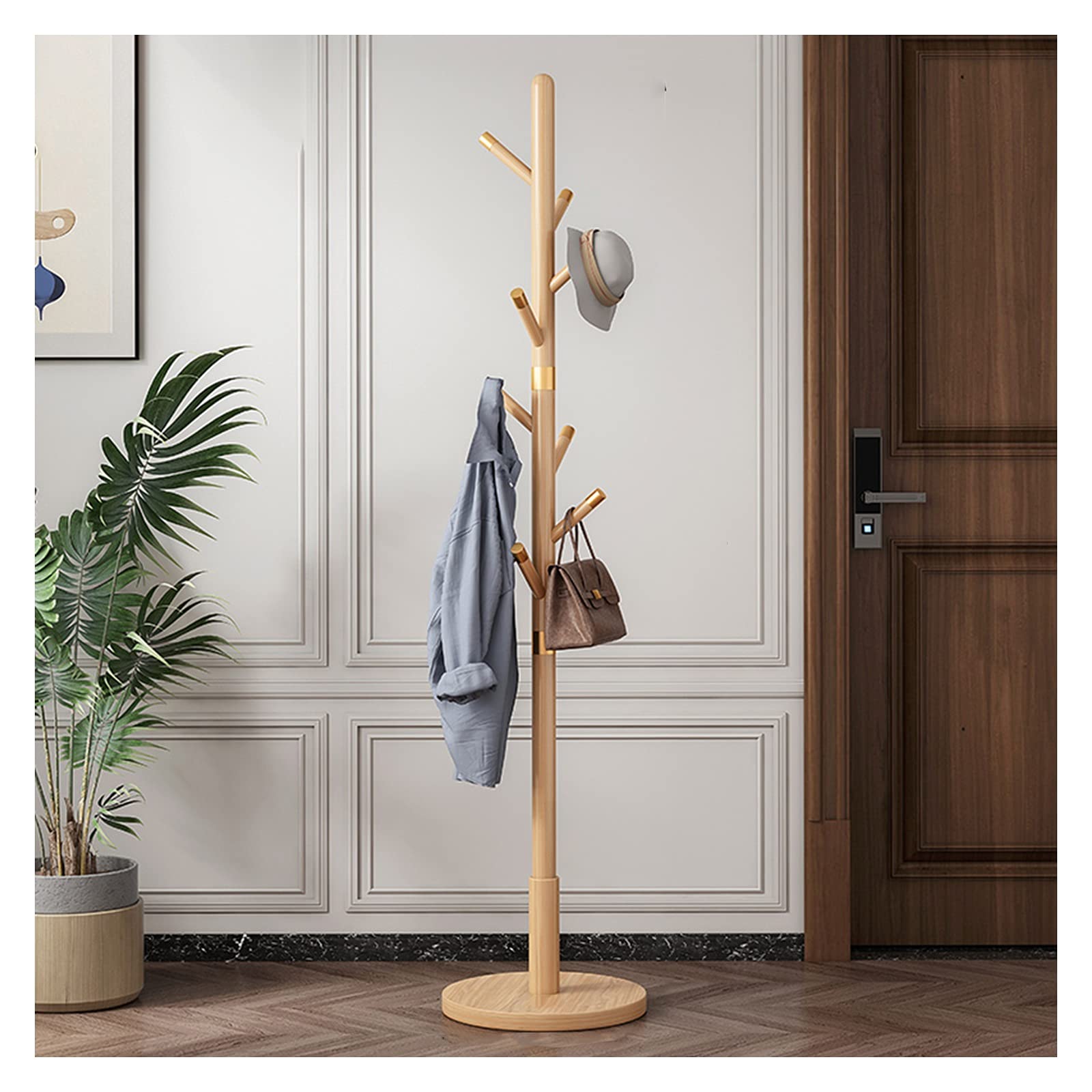 Solid Wood Standing Coat Rack Tree - Walnut Freestanding Entryway Hallway Organizer with 8 Hooks for Hats, Scarves, Umbrellas, Purses & Clothes - Sturdy Round Base (Wood Color) - Perfect for Home, Office, Dorm or Apartment Entryway Organization