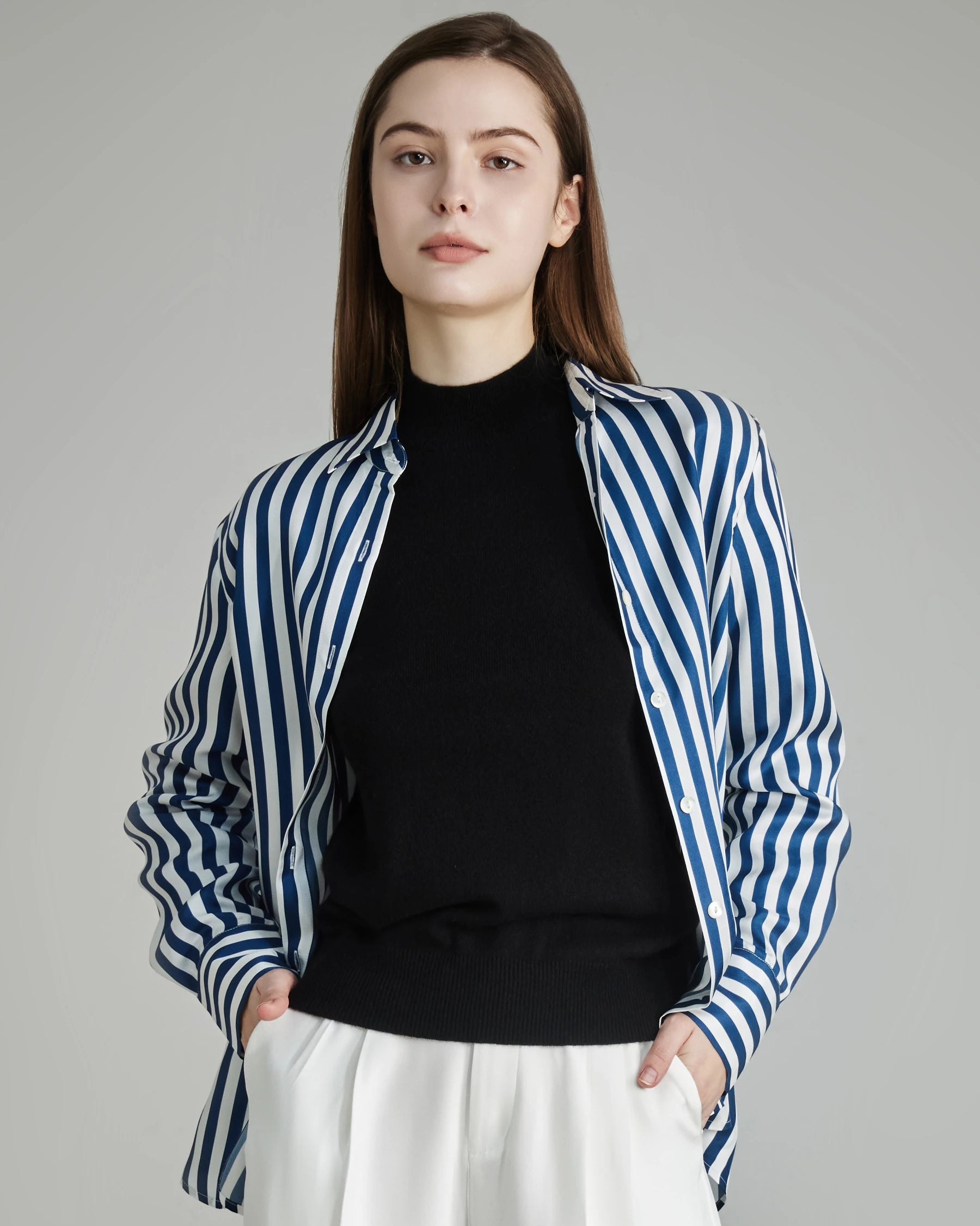 Elegant Oversized Vertical Stripe Silk Blouse for Women - Luxury Loose Fit Button Down Shirt - Perfect for Office, Party & Special Occasions