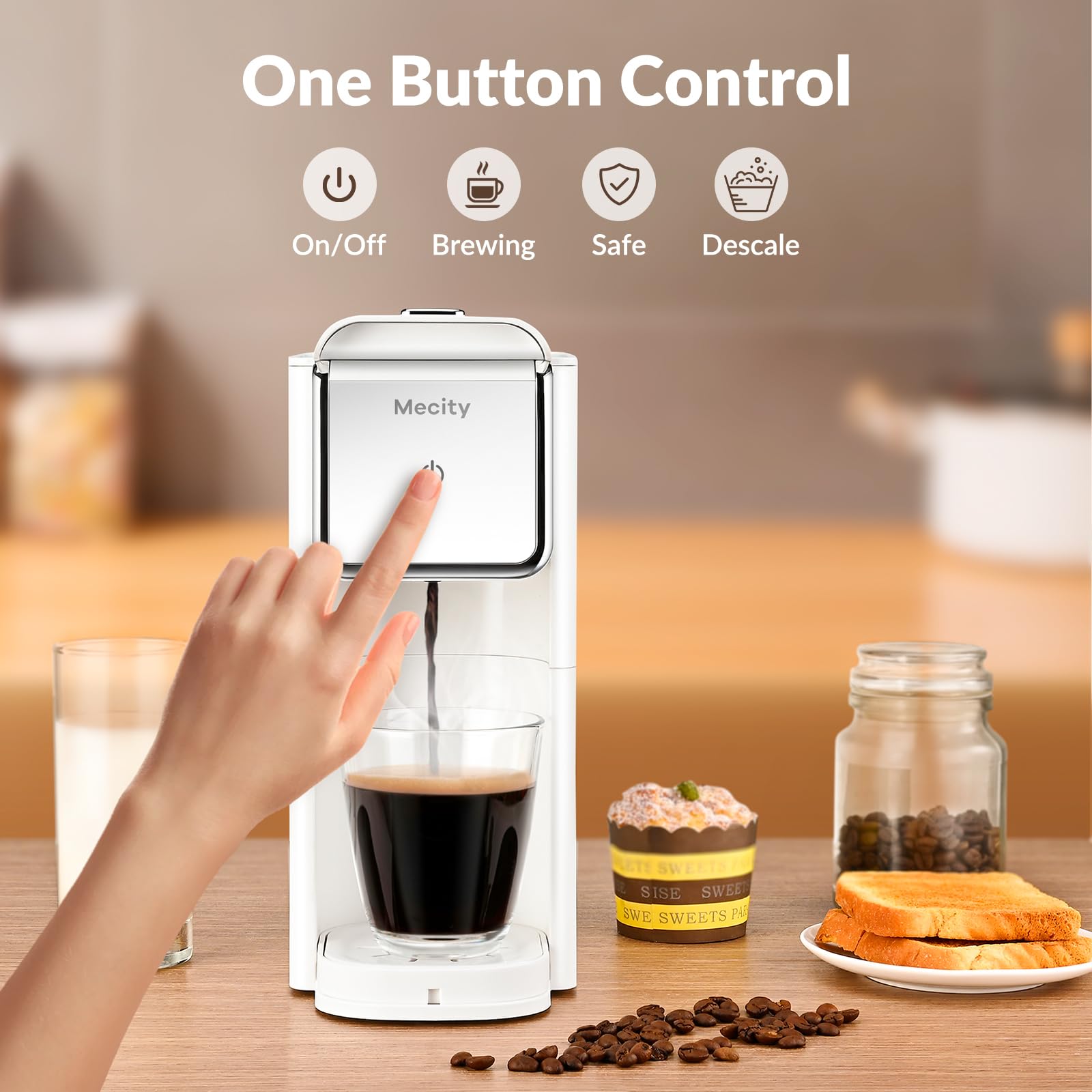 Mecity Mini Single Serve Coffee Machine - Compatible with K-Cup Capsules, Ground Coffee & Loose Tea - 1000W Compact Coffee Maker for Home, RV, Apartment - Auto Shut Off, 120V, White - Perfect for Small Kitchens, Office Desks & Travel