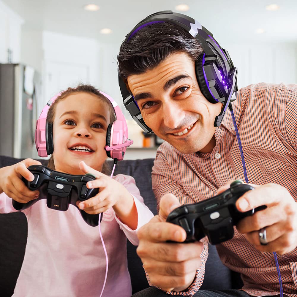 BENGOO G9000 Stereo Gaming Headset with Mic - Noise Cancelling Over-Ear Headphones for PS5, PS4, PC, Xbox One | LED Light, Bass Surround, Soft Memory Earmuffs (Purple) | Perfect for Competitive Gaming & Online Chat