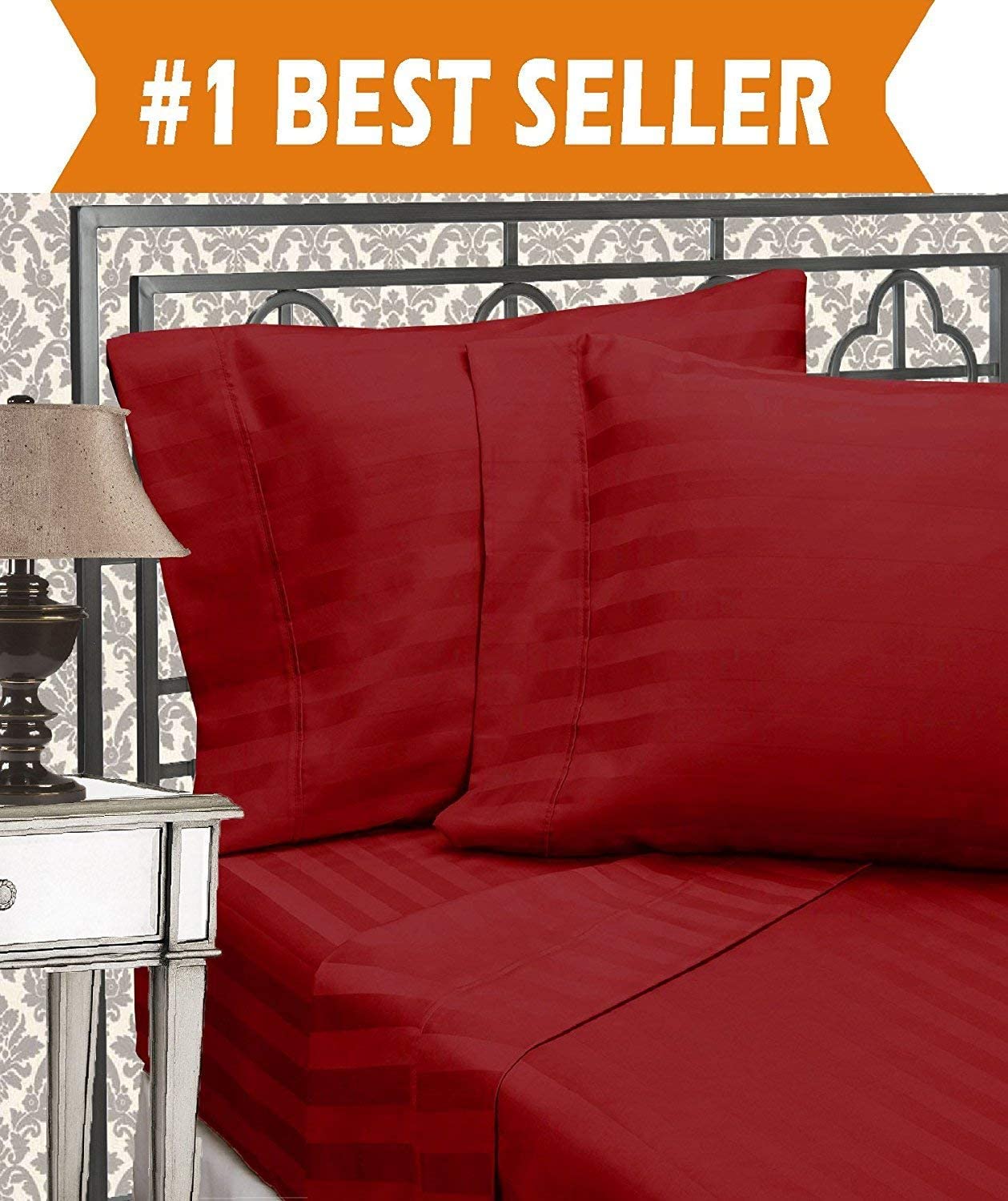 Luxury 6-Piece Egyptian Cotton Sheet Set - 1500 Thread Count, Wrinkle Resistant, Ultra Soft Queen Size Bedding in Burgundy Damask Stripe | Perfect for Master Bedrooms, Guest Rooms & Cozy Sleep