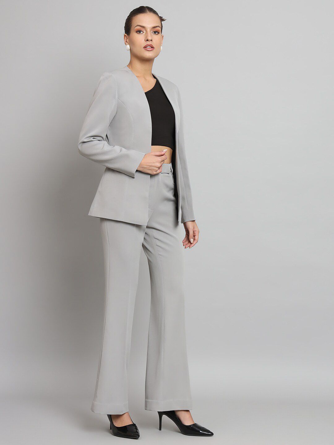 Stylish Grey Lapel-less Stretch Pant Suit for Women | Comfortable Office Wear & Business Attire | Perfect for Work, Meetings & Professional Events