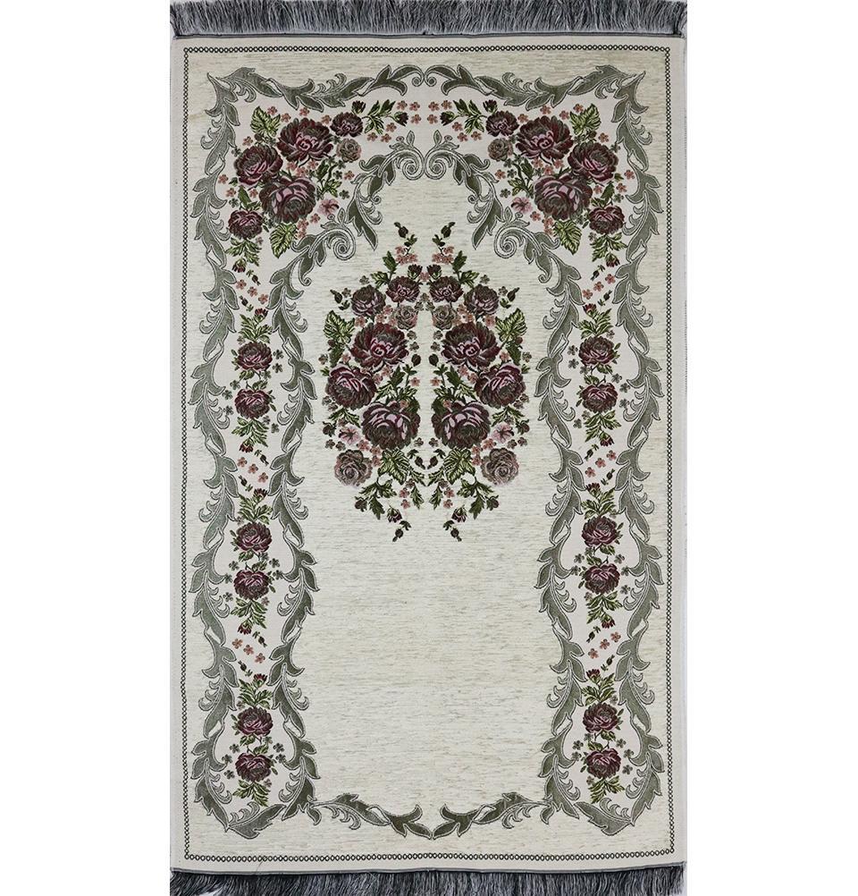 Premium Chenille Embroidered Floral Rose Islamic Prayer Rug - Ivory Soft Prayer Mat for Home, Mosque & Travel - Perfect for Daily Salah & Ramadan Worship
