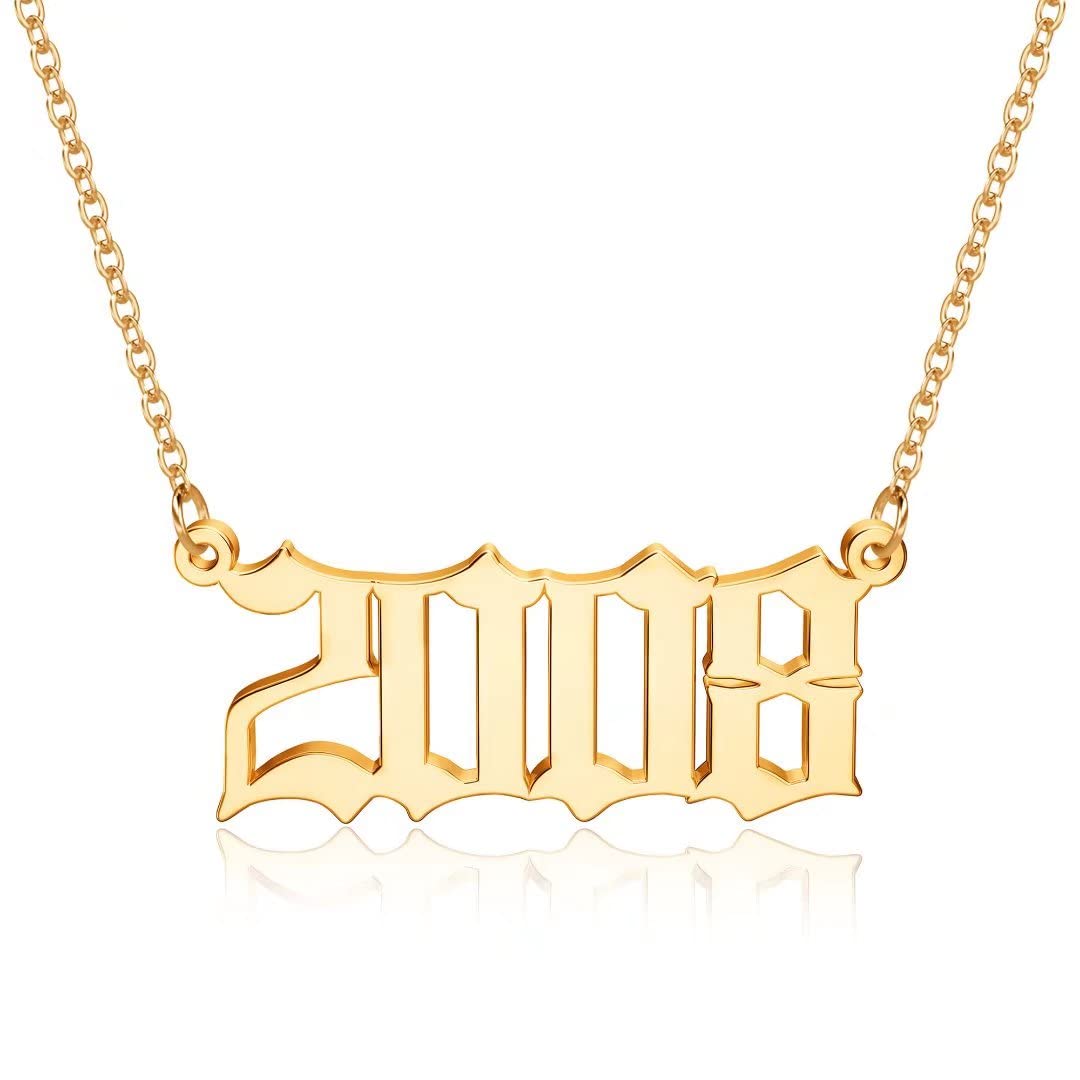 18K Gold Plated Old English Birth Year Necklace for Women - Personalized 1970-2021 Number Pendant Jewelry Gift for Birthday, Anniversary, Mother's Day | Perfect for Special Occasions & Everyday Wear