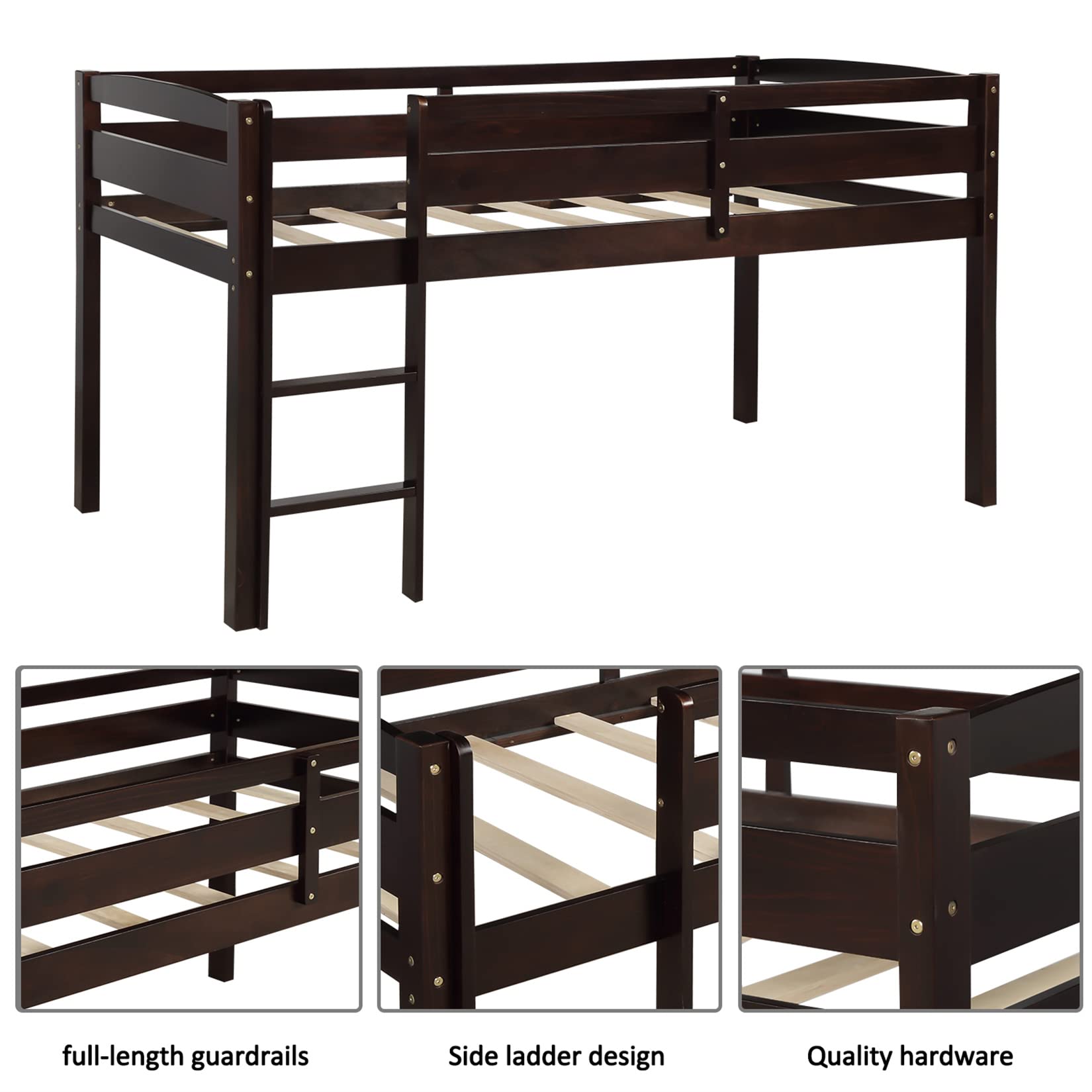 Bellemve Low Loft Twin Size Wooden Loft Bed Frame with Ladder for Kids, Teens, Boys & Girls - Espresso Finish | Space-Saving Kids Bedroom Furniture for Small Rooms & Dorm Decor