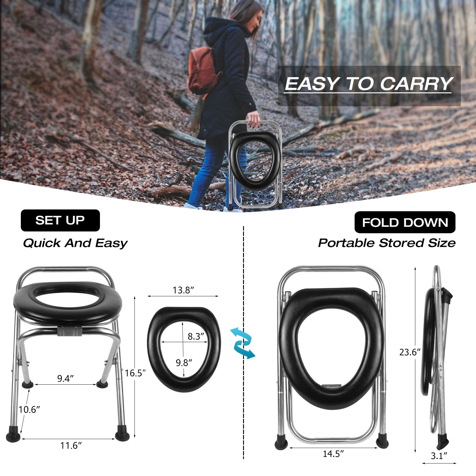 **Upgraded Heavy Duty Stainless Steel Portable Toilet for Camping & Travel – 350LBS Capacity, Soft Seat, Folding Design with Toilet Bags – Ideal for Hiking, RV Trips, Outdoor Adventures & Emergency Use**