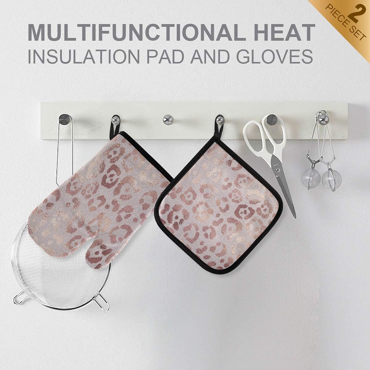 ASLSIY Rose Gold Leopard Print Oven Mitts & Pot Holders Set - Heat Resistant Kitchen Gloves for Baking, BBQ, Grilling - Perfect for Cooking, Baking, and Outdoor Barbecues