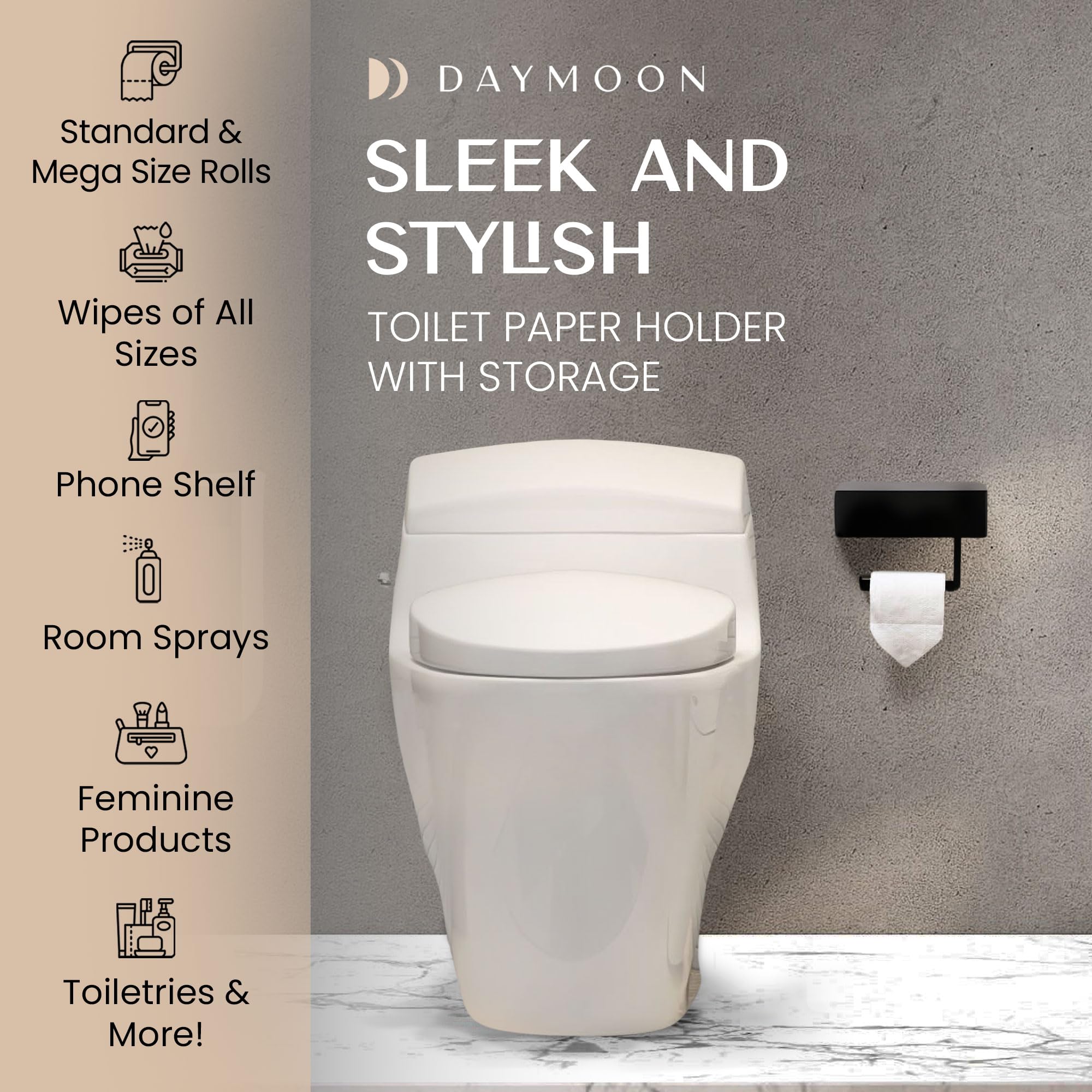 Day Moon™ Matte Black Toilet Paper Holder with Shelf - Bathroom Wipes Dispenser & Storage Organizer | Wall Mounted for Toilet Paper & Flushable Wipes | Perfect for Modern Bathrooms, Powder Rooms & Guest Toilets