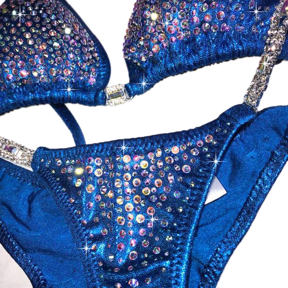 Royal Blue Competition Bikini Suit with AB Rhinestones - NPC Bikini Contest Swimsuit for Women (XS, Hips 28