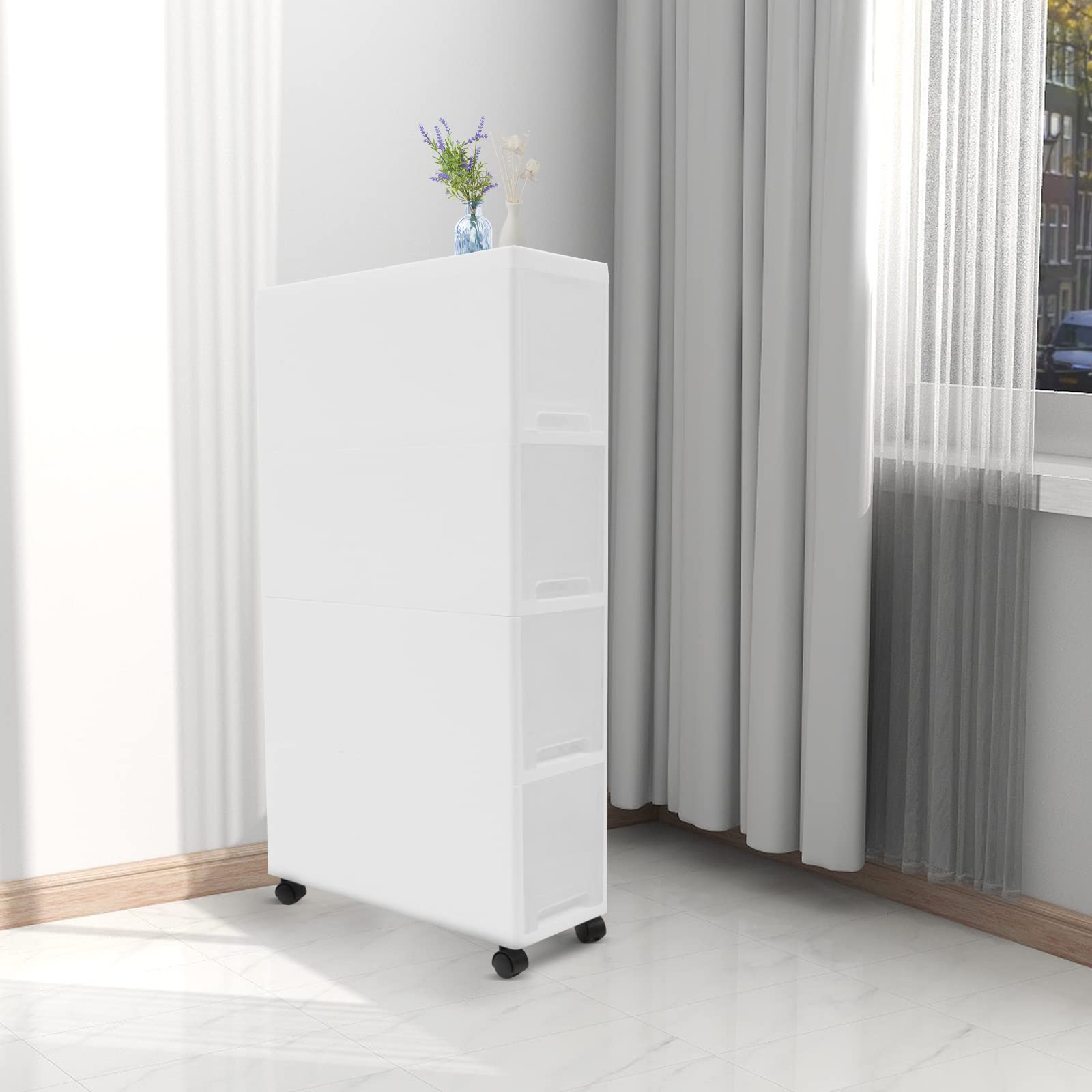 4-Drawer Slim Rolling Storage Cart & Organizer - Narrow Bathroom/Kitchen Storage Cabinet, Bedroom Closet Organizer for Small Spaces - Perfect for Hallway, Entryway, Bathroom & Closet Organization (Home Decor Storage Solution)