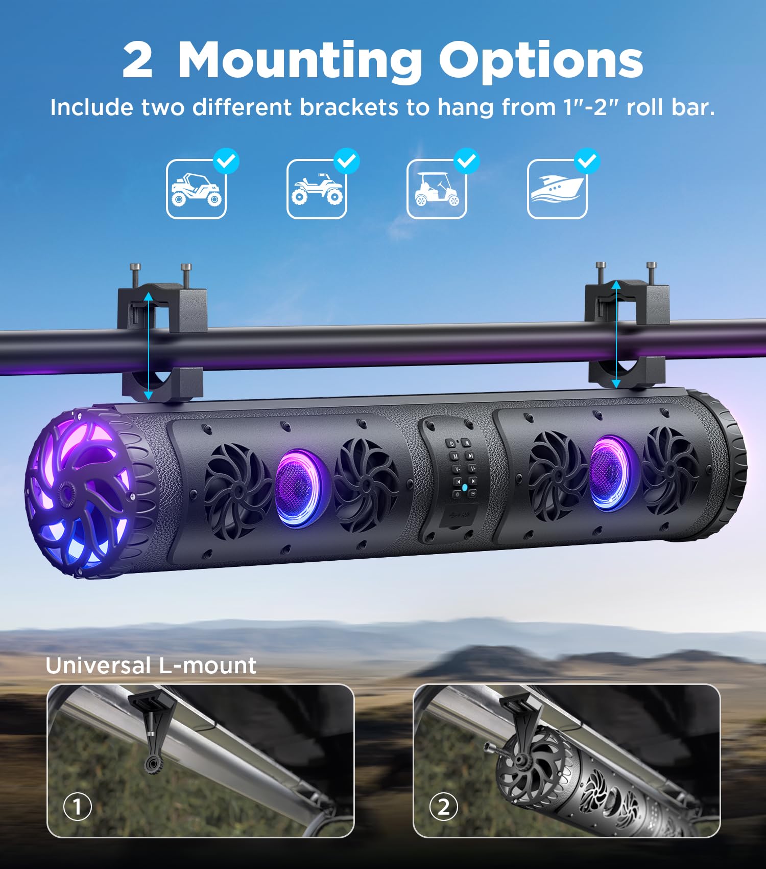 27 Inch UTV Sound Bar with Bluetooth - Waterproof ATV Stereo System with Multicolor LED Lights | Compatible with Polaris RZR, Can-Am SXS & Marine Boats | Perfect for Off-Road Adventures, Golf Carts & Outdoor Parties